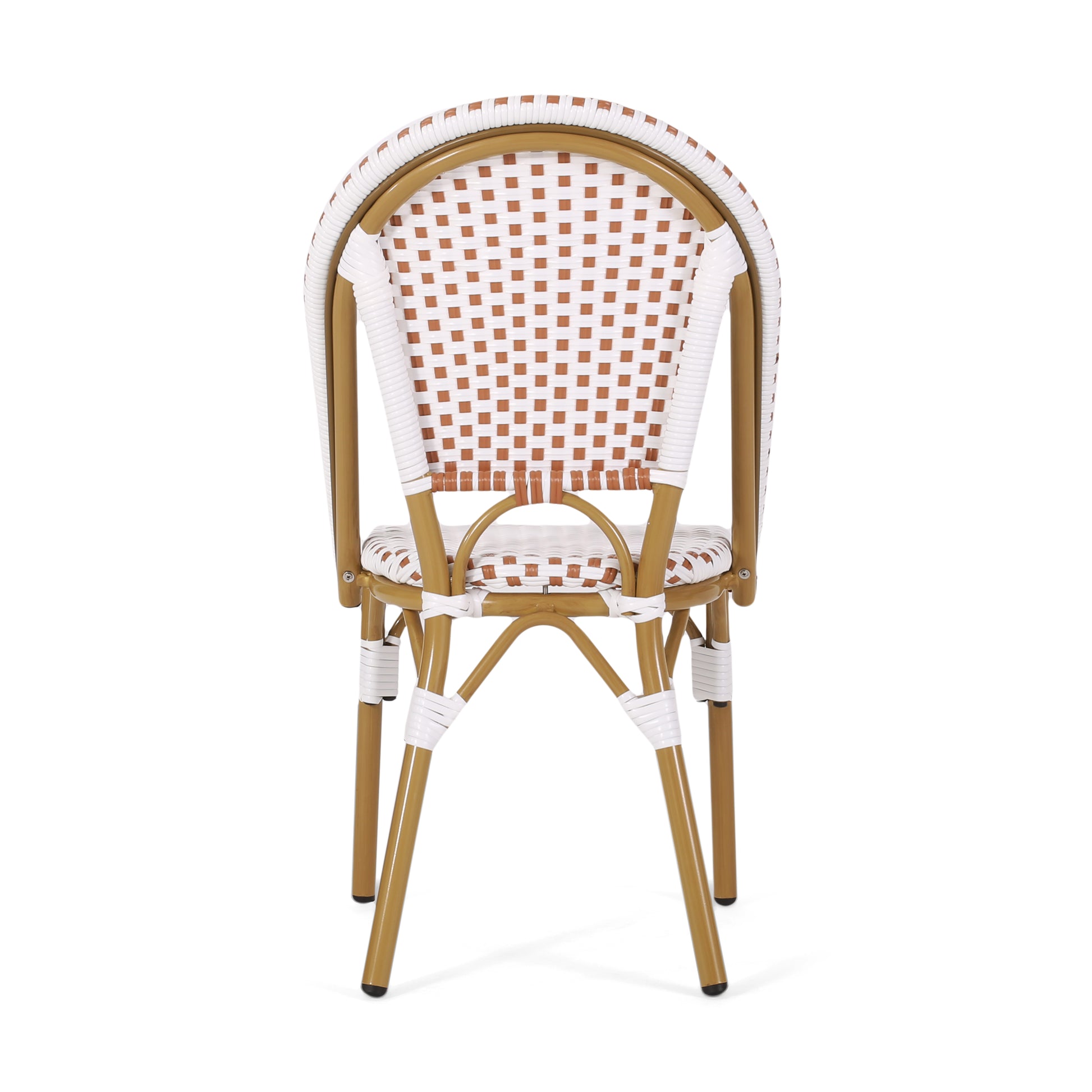 Woven rattan cafe chair with white and brown pattern ideal for outdoor seating
