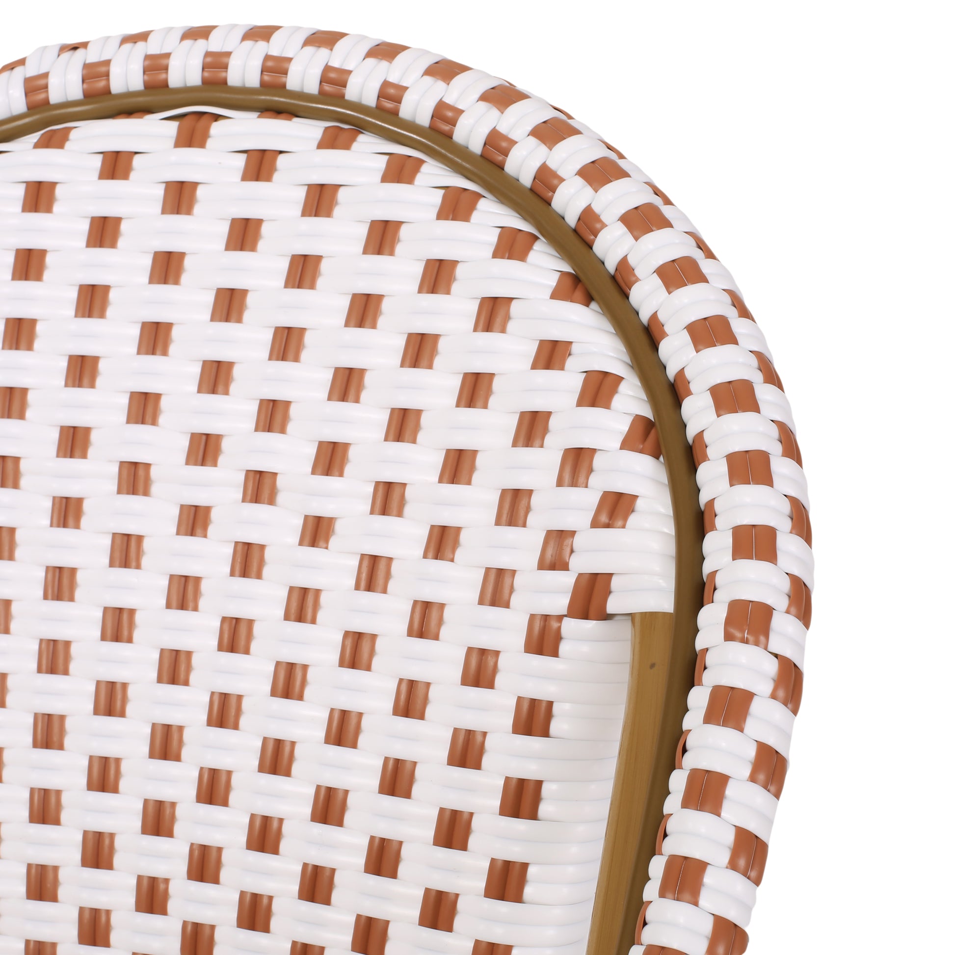White and brown wicker outdoor chair back detail with smooth brown trim