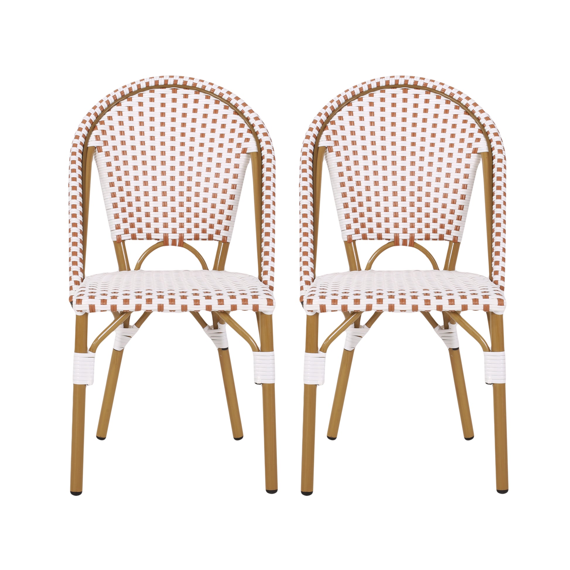 Two rattan cafe chairs with white and tan woven seats and backs on gold metal frames