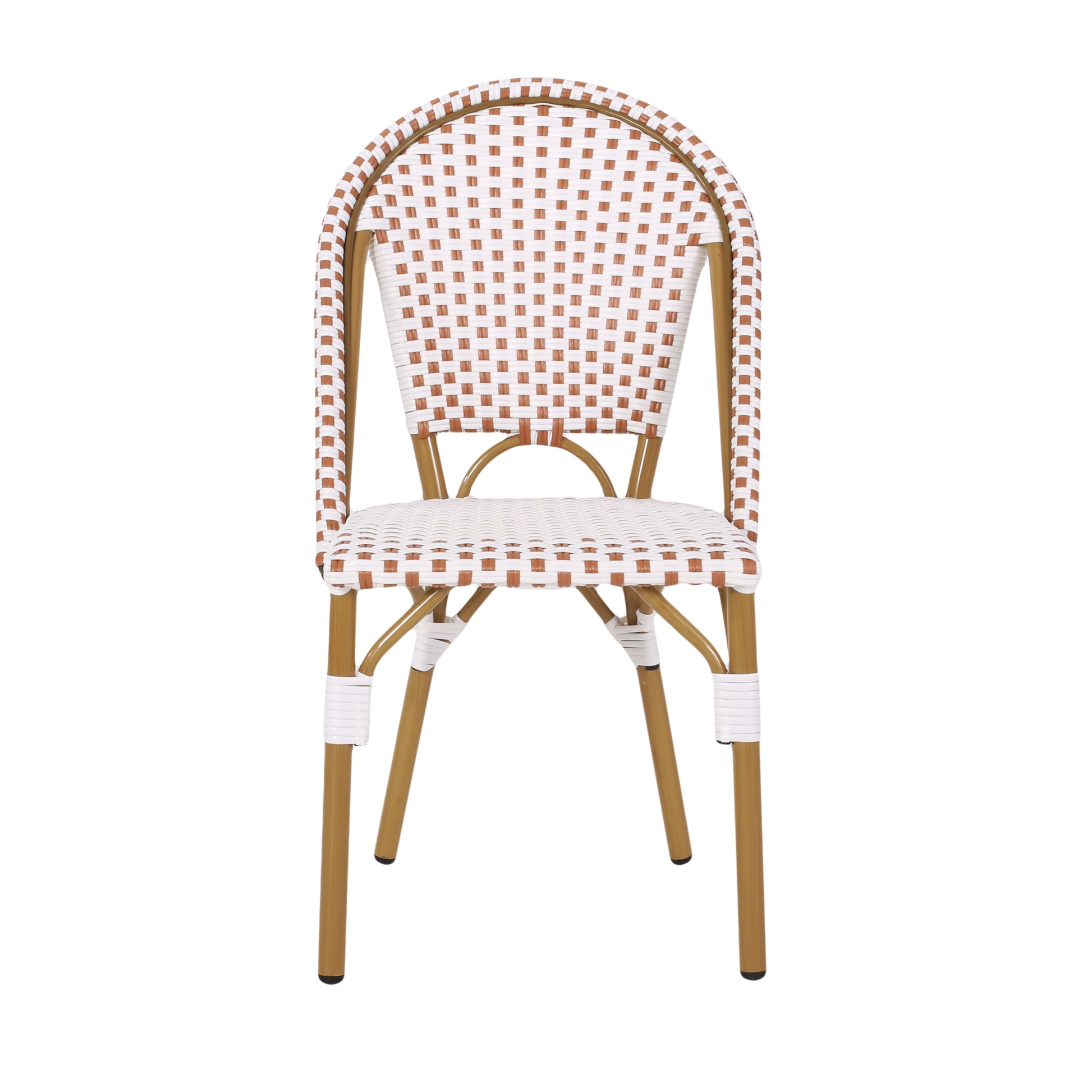 White and brown woven bistro chair with golden metal frame and legs ideal for cafes