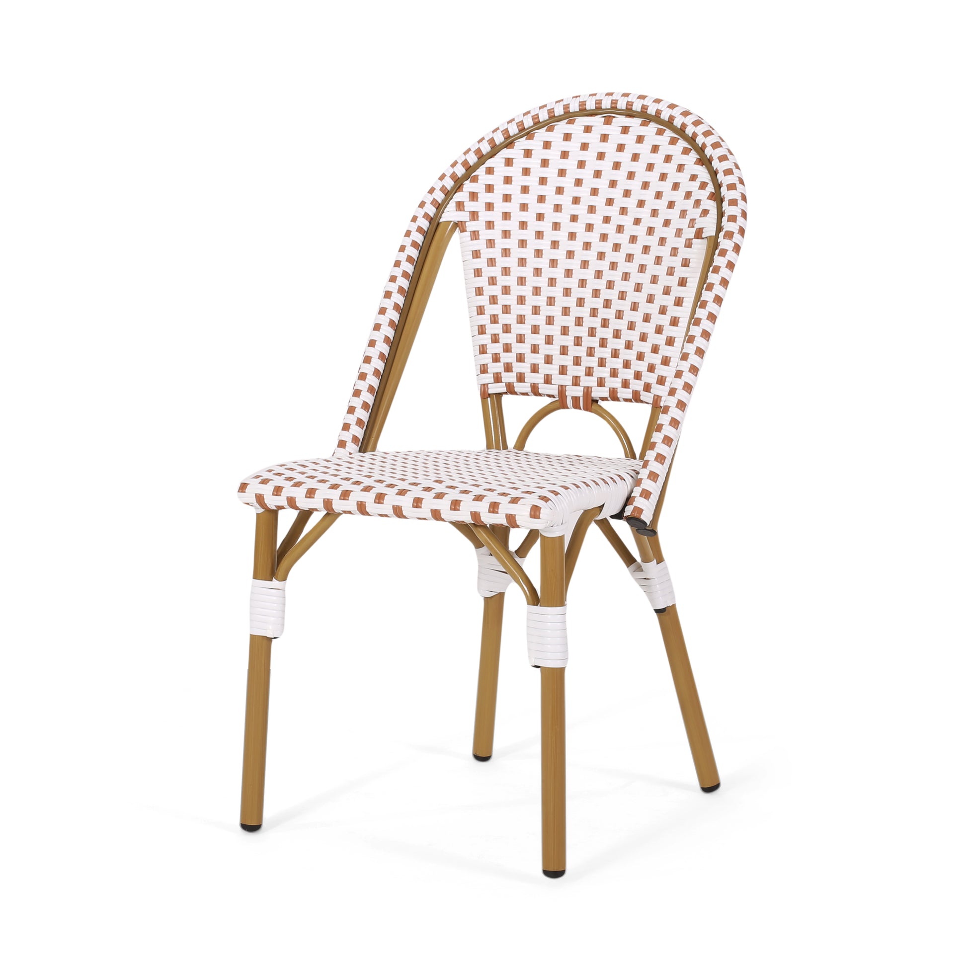 White and brown wicker cafe chair with gold metal legs