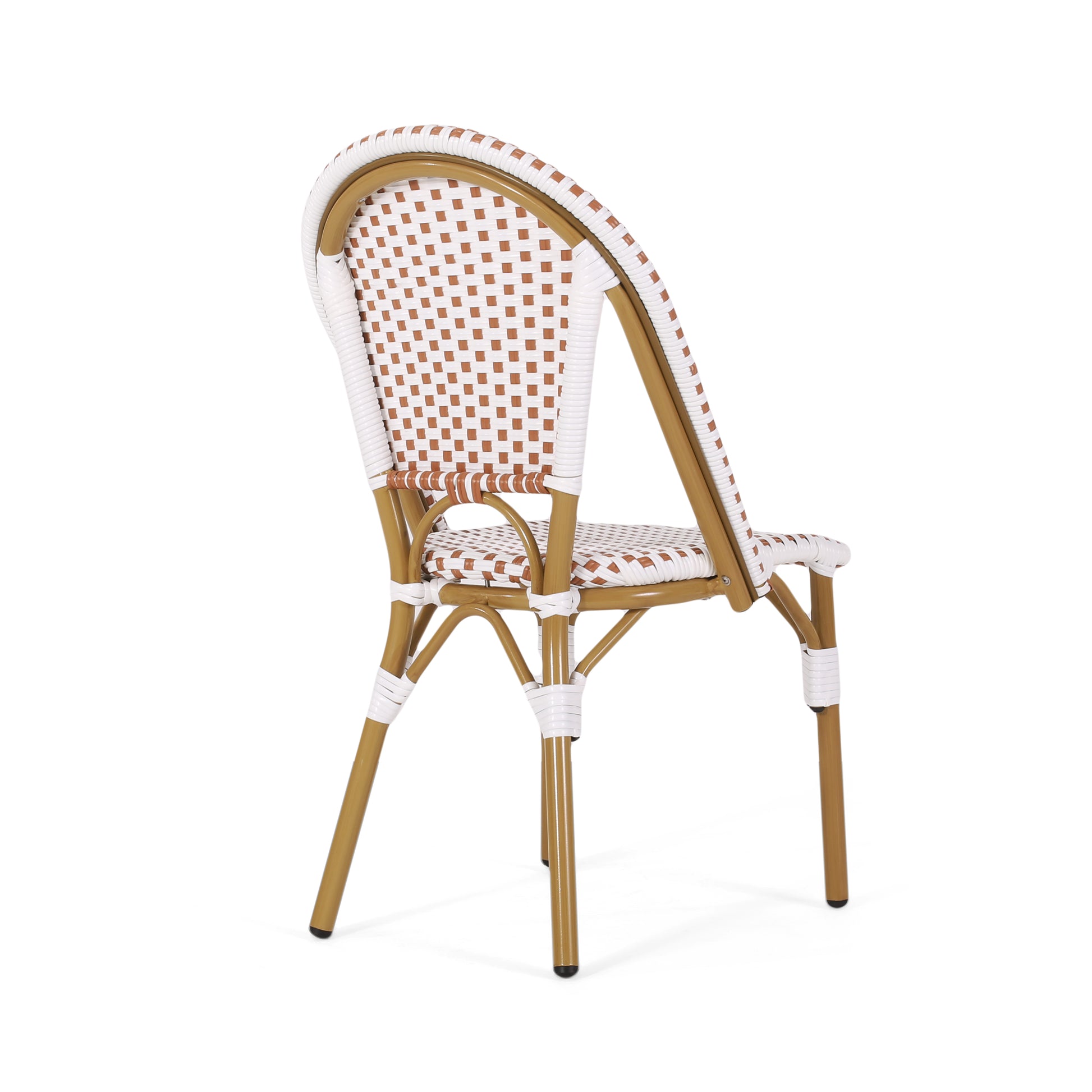 Brown and white woven bistro chair with gold metal legs for outdoor seating