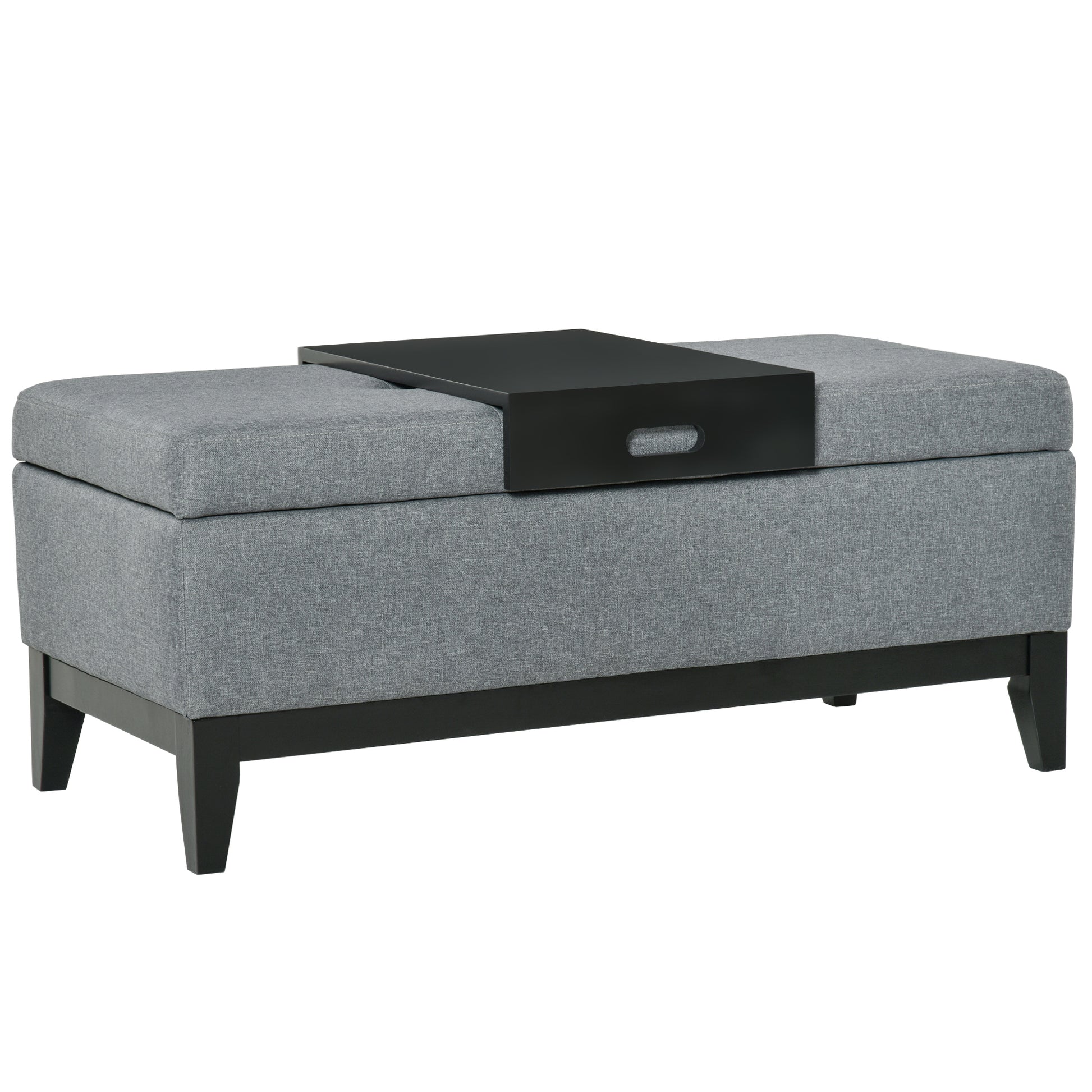 Grey upholstered storage ottoman with removable black tray