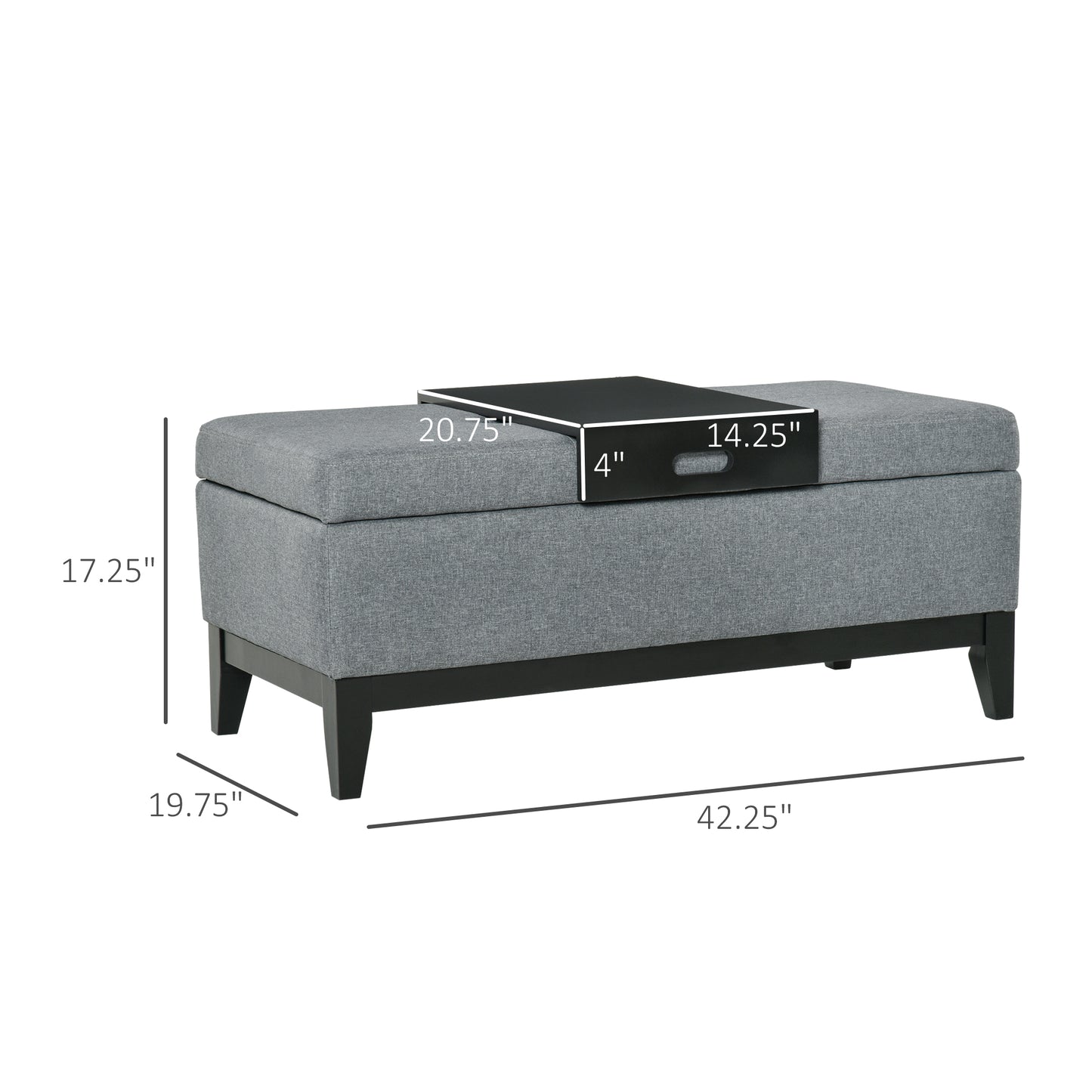 Grey fabric storage ottoman with a removable black tray perfect for living rooms