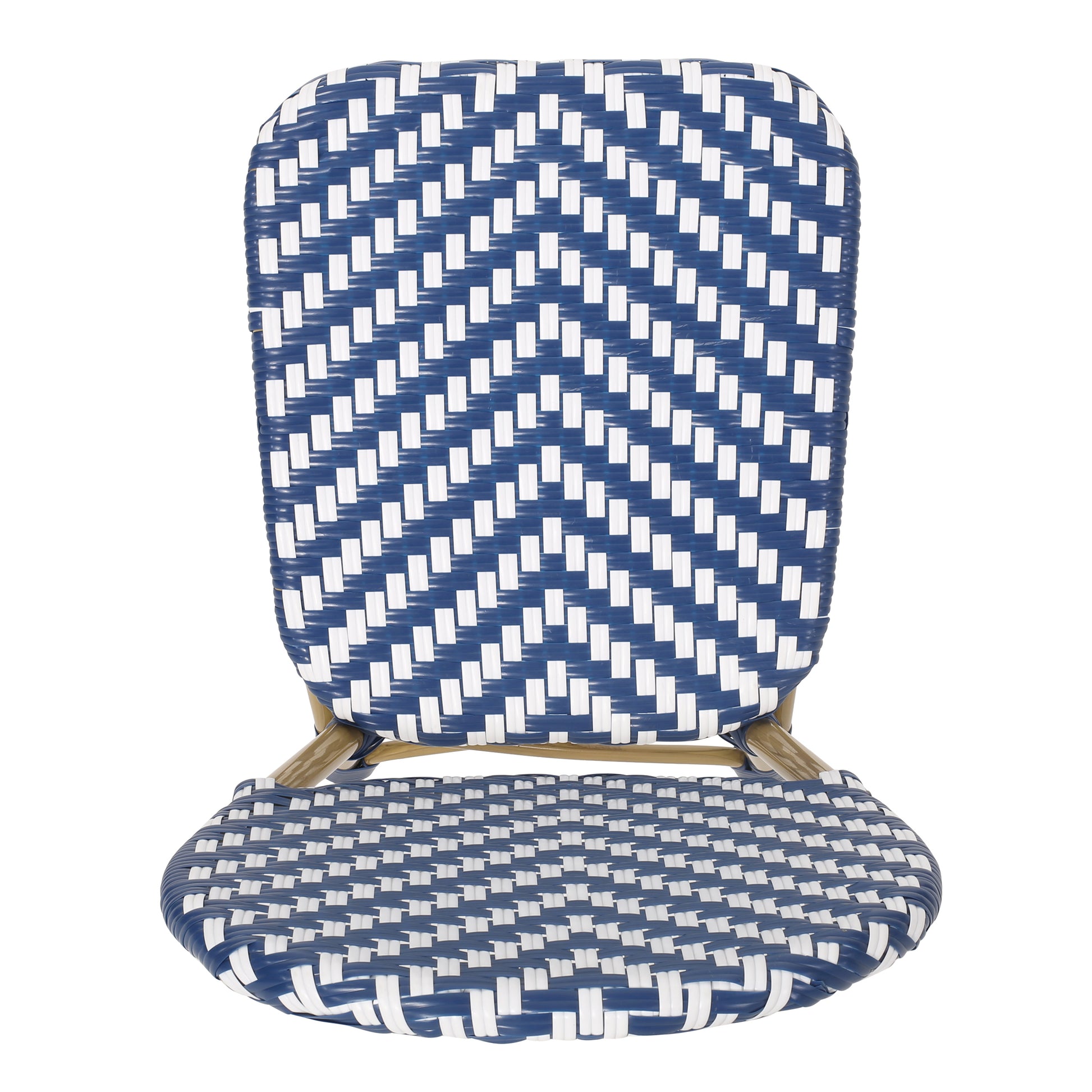 Blue and white bistro chair with woven resin seat and back