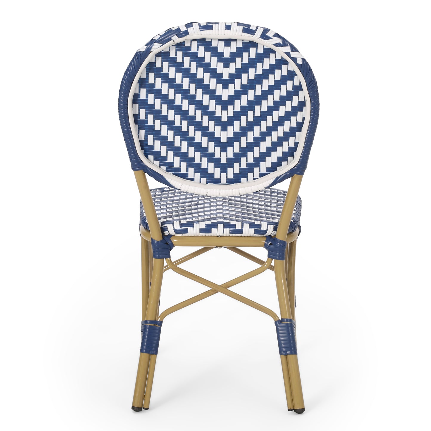 Blue and white woven bistro chair with rattanstyle legs
