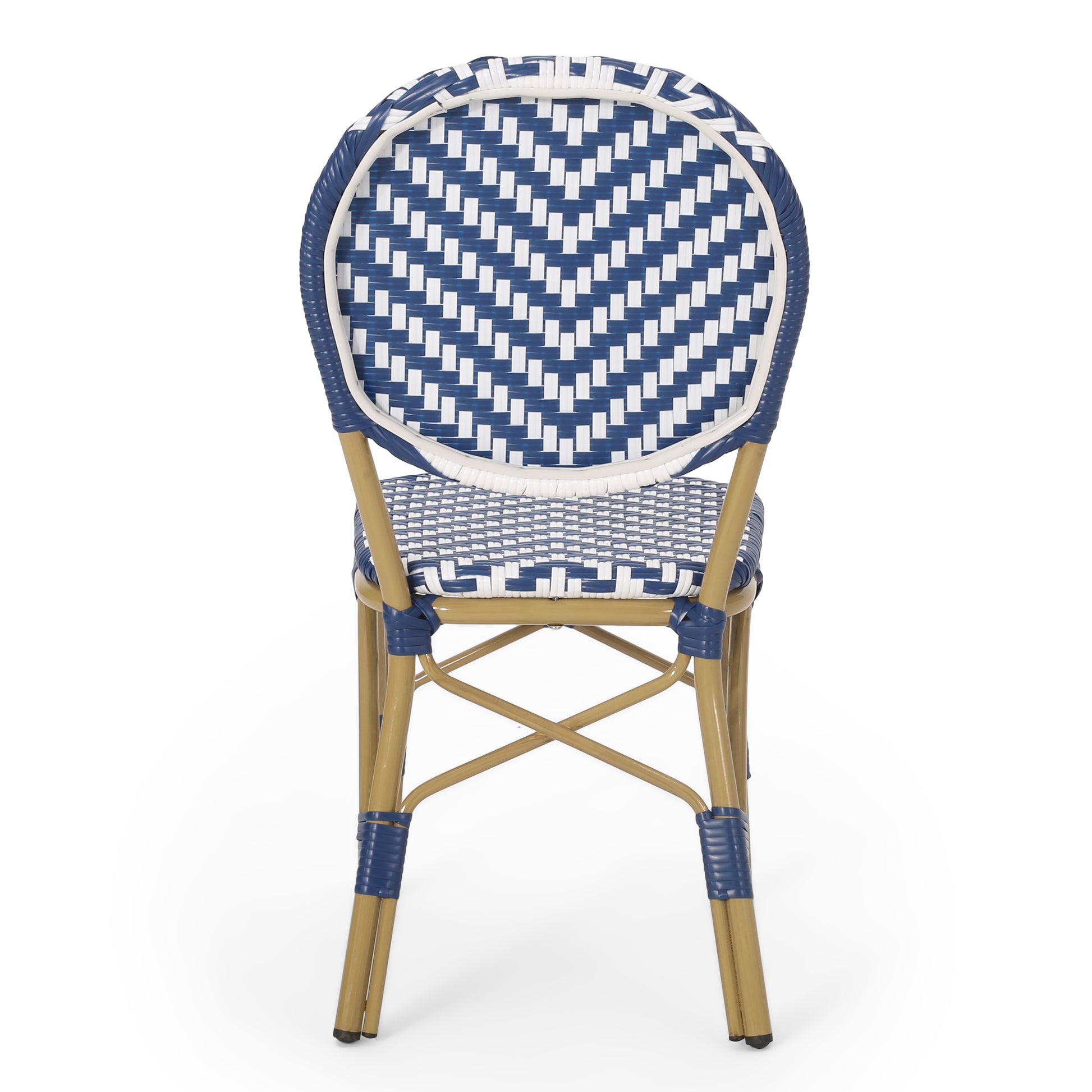 Blue and white woven bistro chair with rattanstyle legs
