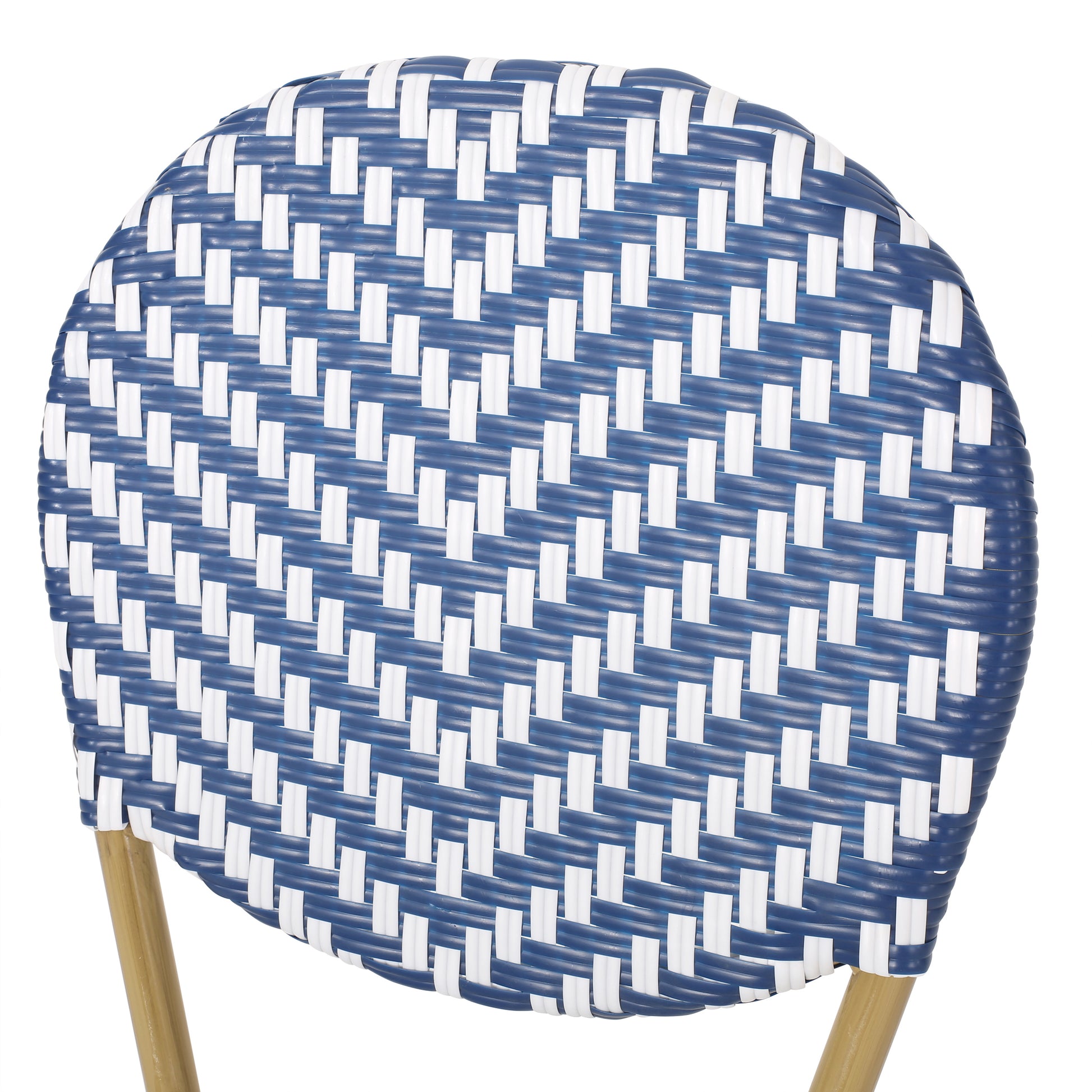Blue and white woven rattan bistro chair seat with natural wood legs