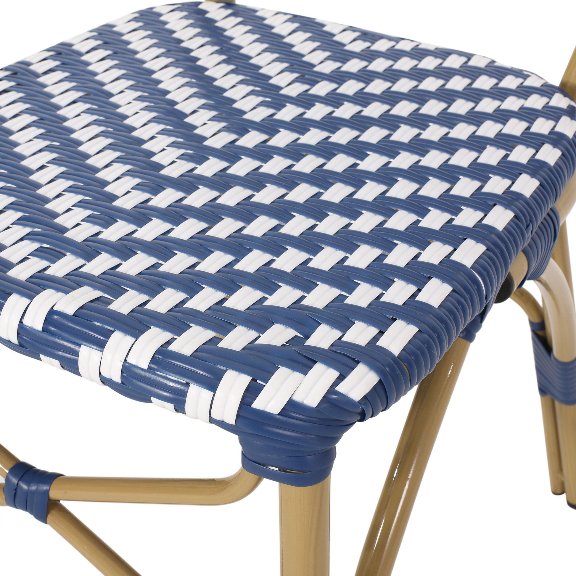 Blue and white woven bistro chair seat made of durable rattanstyle material