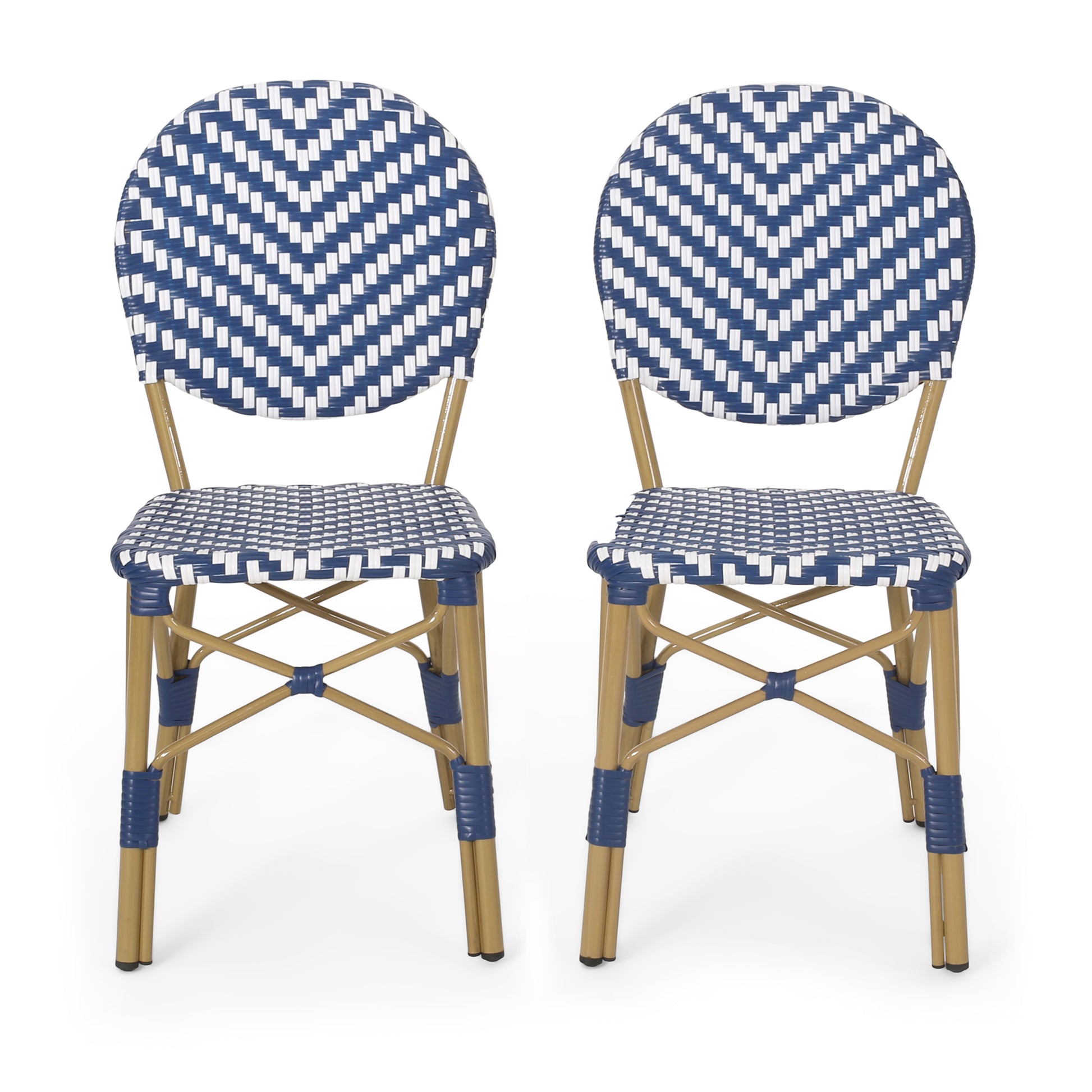Set of two blue and white woven bistro chairs with gold metal frames perfect for outdoor cafes