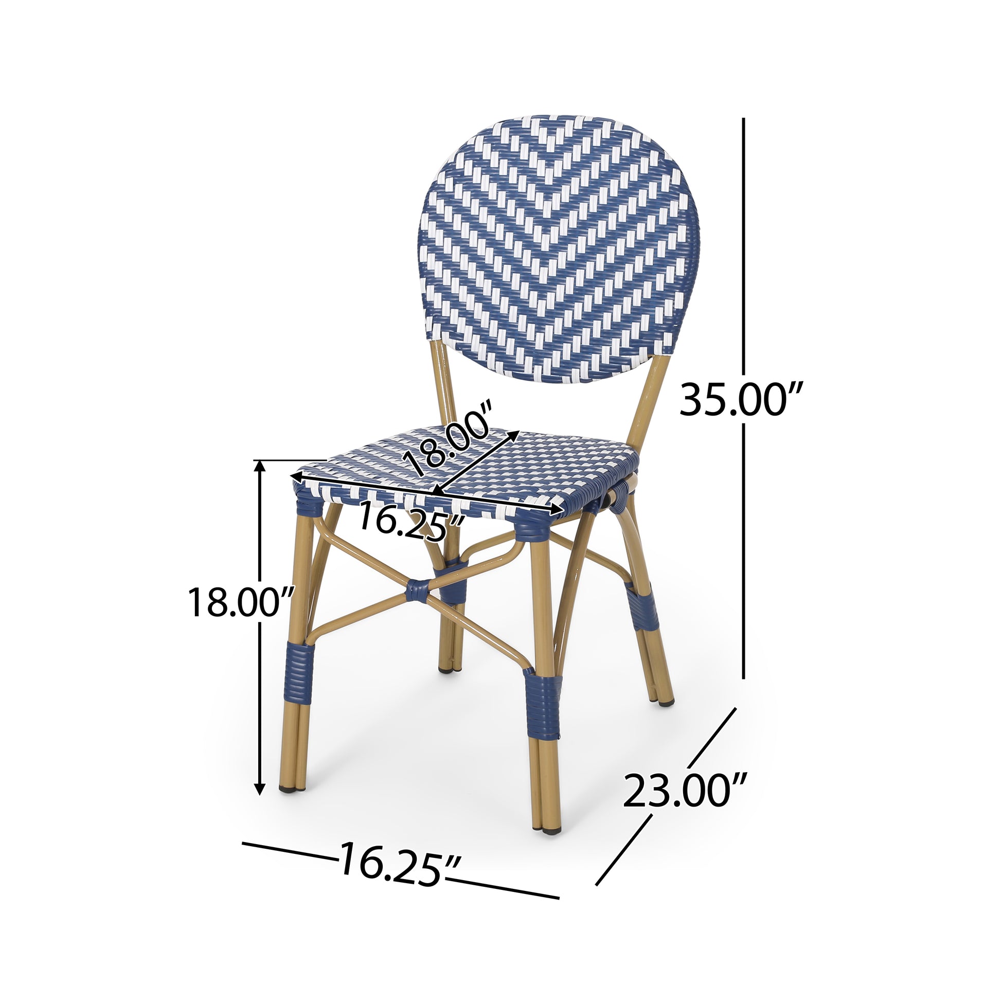 French bistro chair with woven rattan seat and back in blue and white pattern gold metal legs