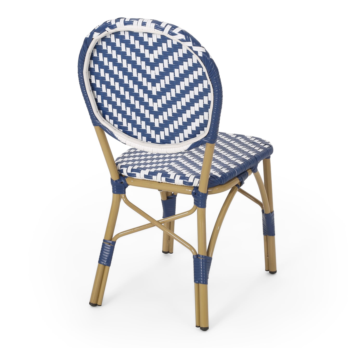 Blue and white woven bistro chair with gold frame