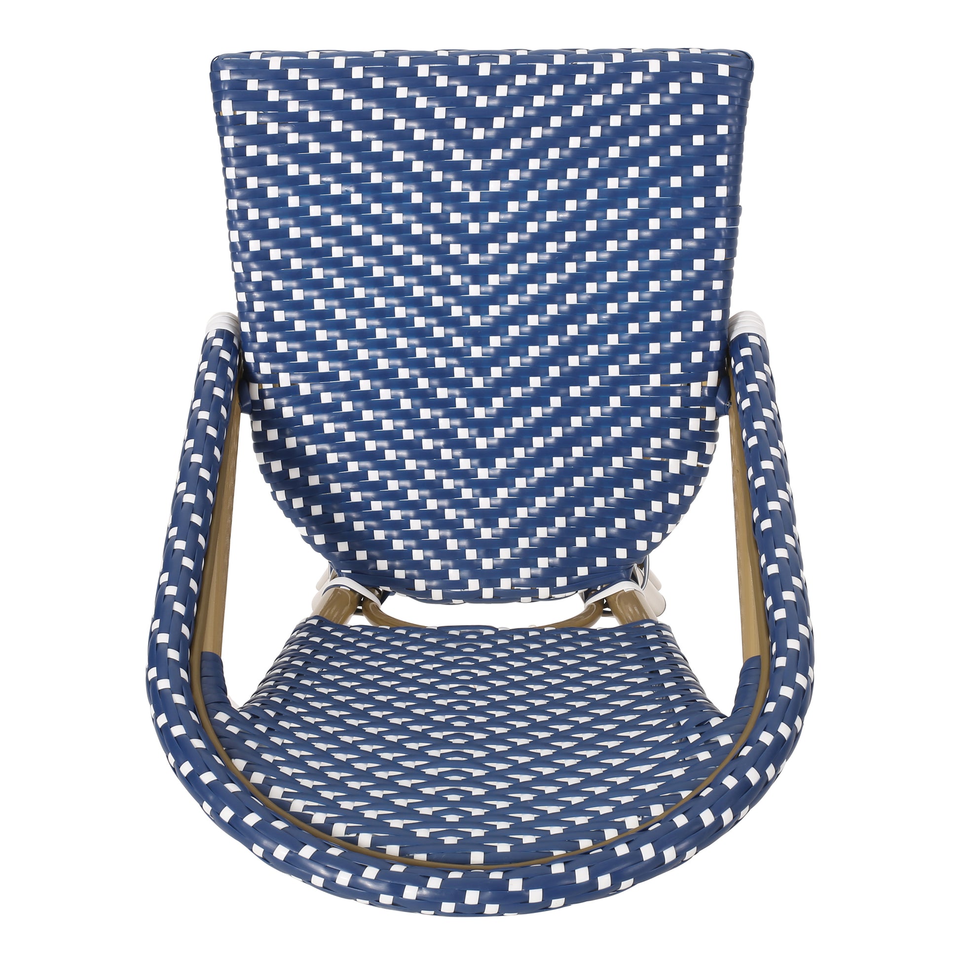 Blue and white woven bistro chair with curved arms and woven seat