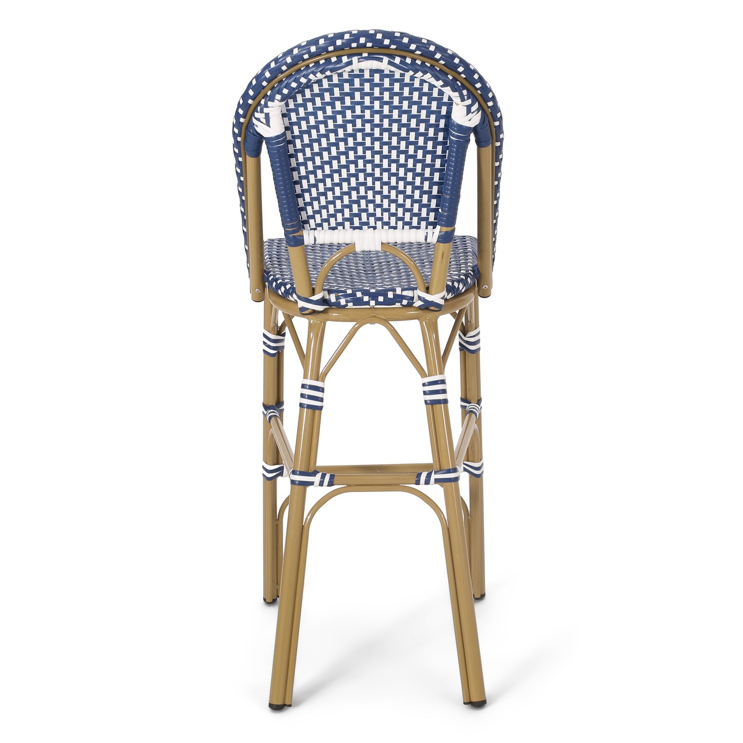 Classic bistro bar stool with blue and white woven rattan seat and back