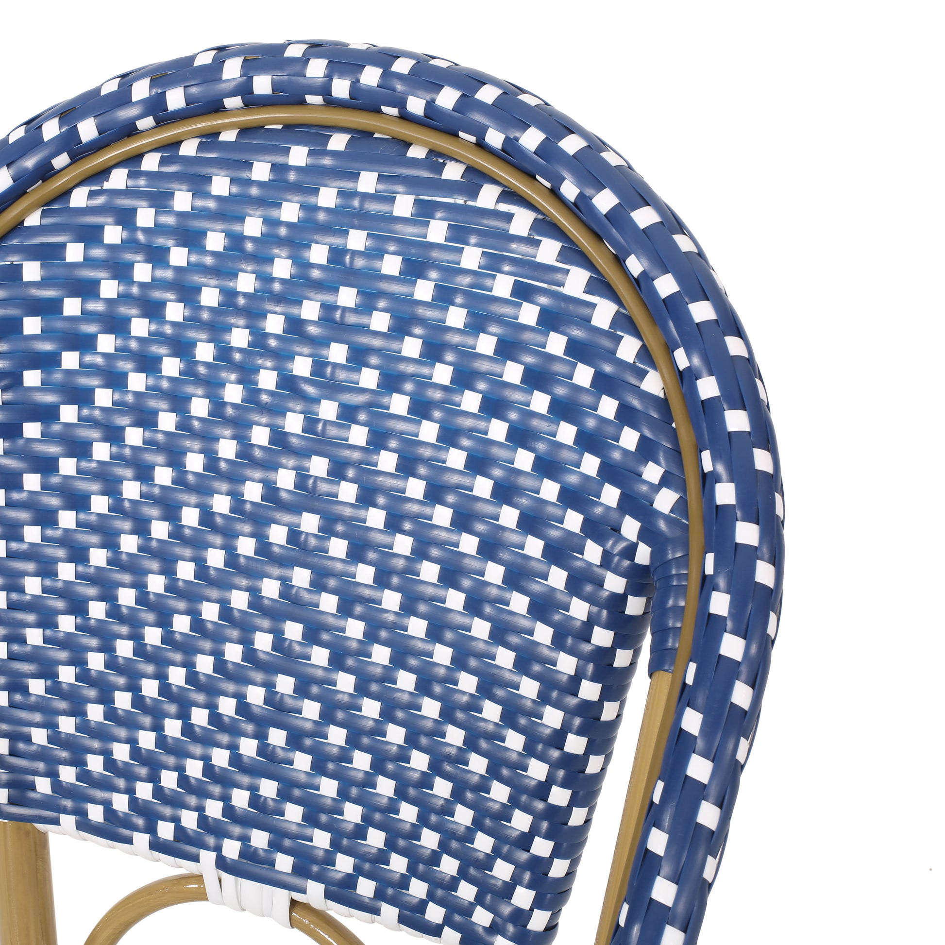 Blue and white woven bistro chair back with a rattan frame