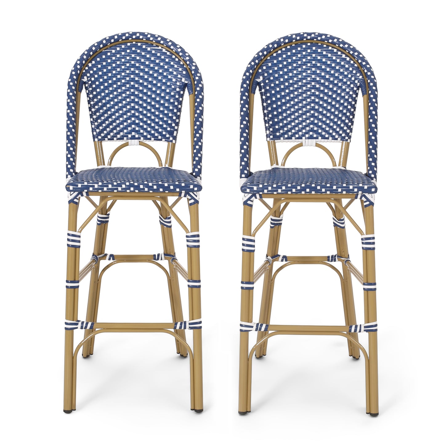 Two blue and white woven wicker bar stools with gold metal frames