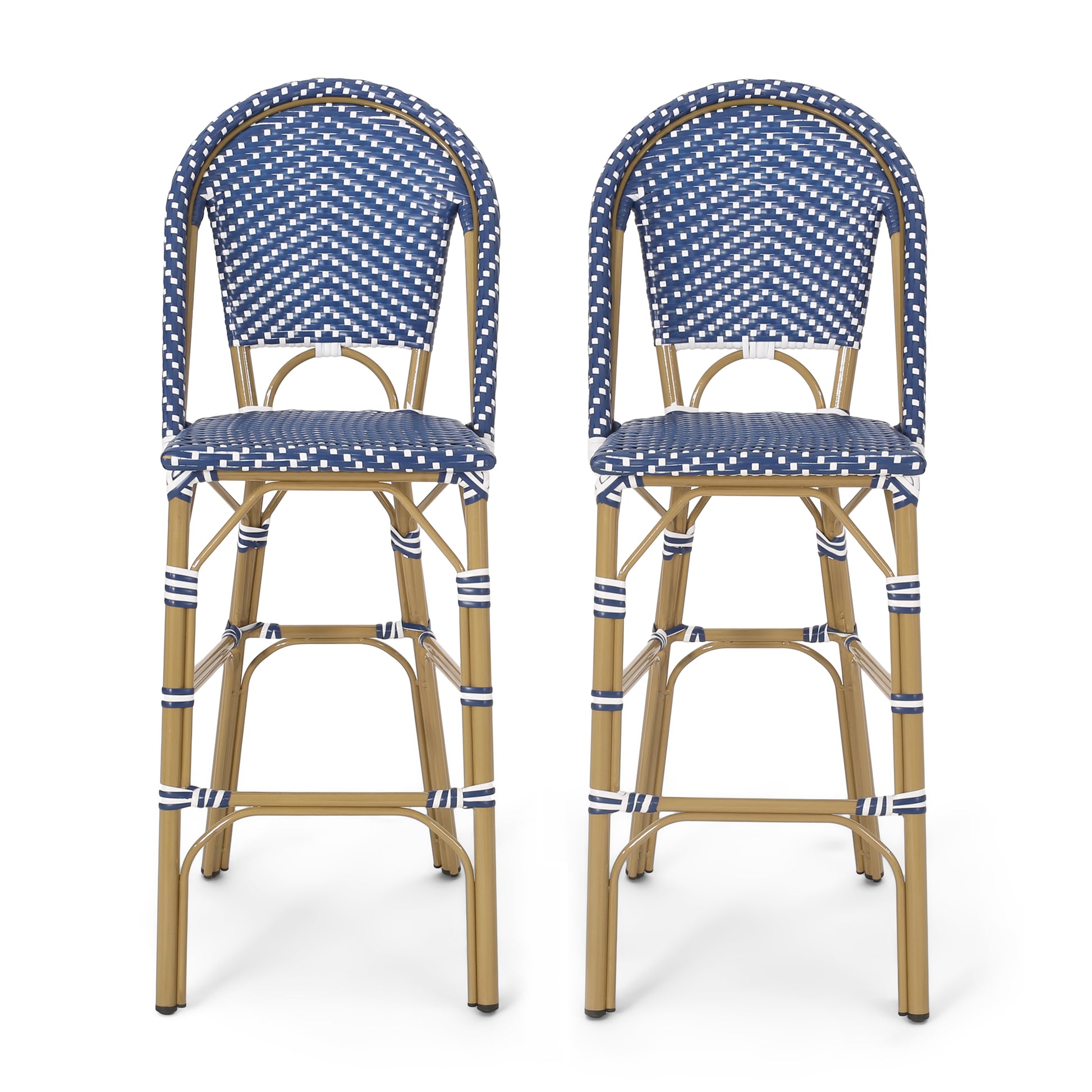 Two blue and white woven wicker bar stools with gold metal frames
