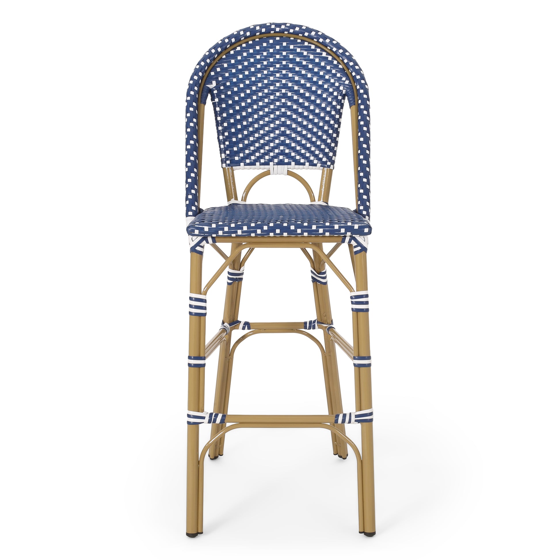 Blue and white woven rattan bar stool with gold frame