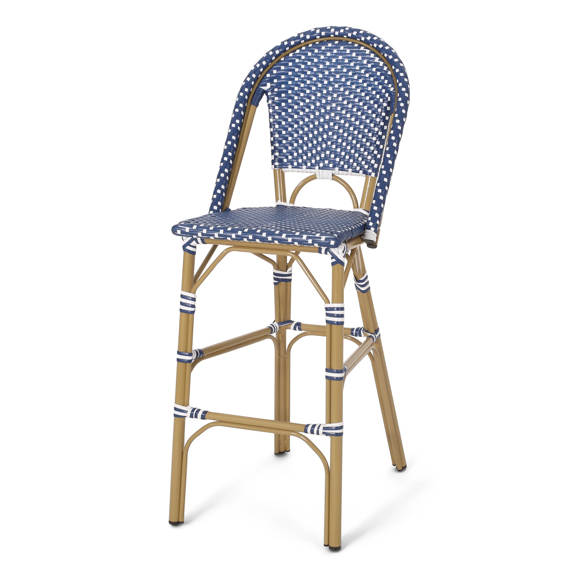 Blue and white woven wicker bar stool with a gold metal frame perfect for cafe seating