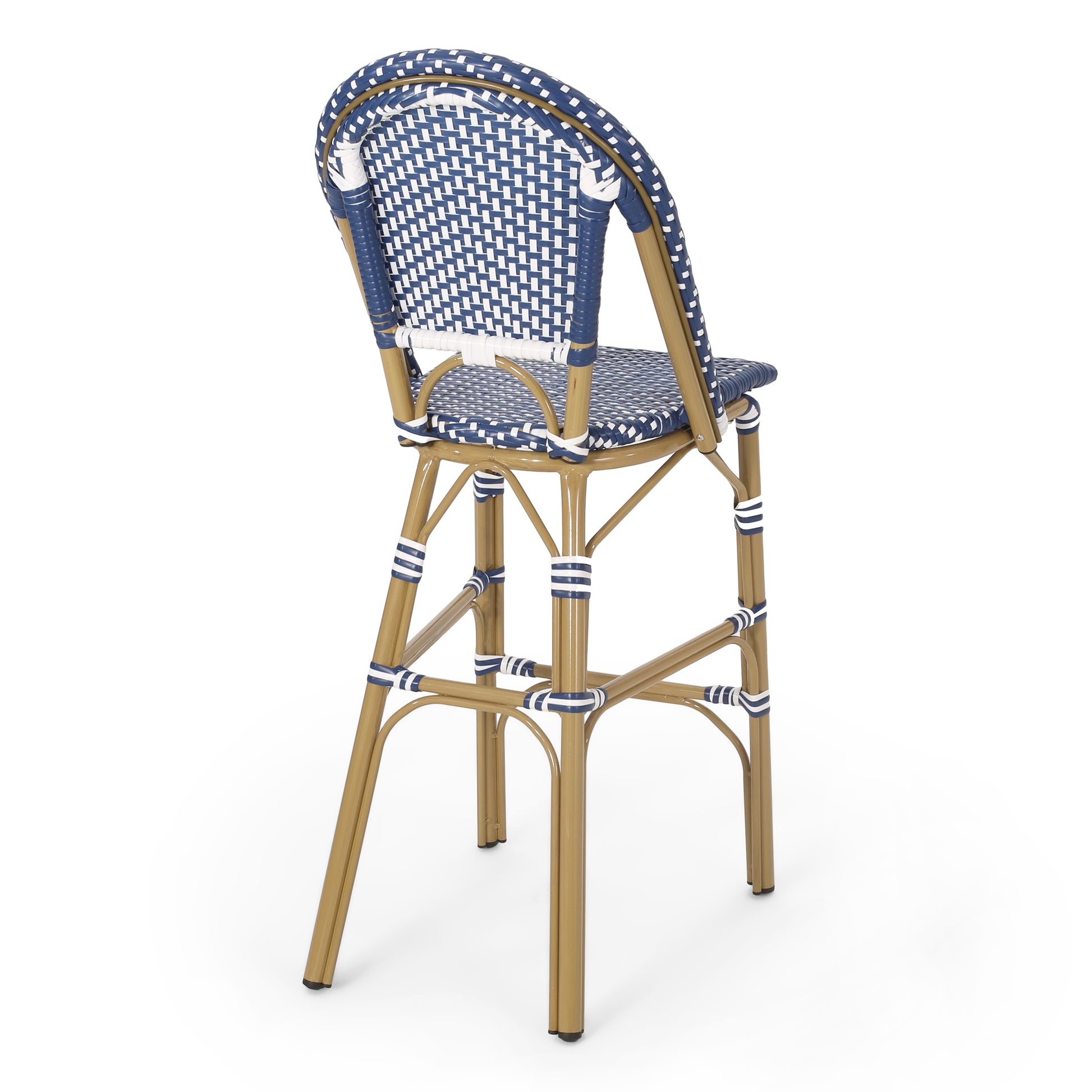 Blue and white woven rattan bar stool with goldtone frame ideal for outdoor cafes