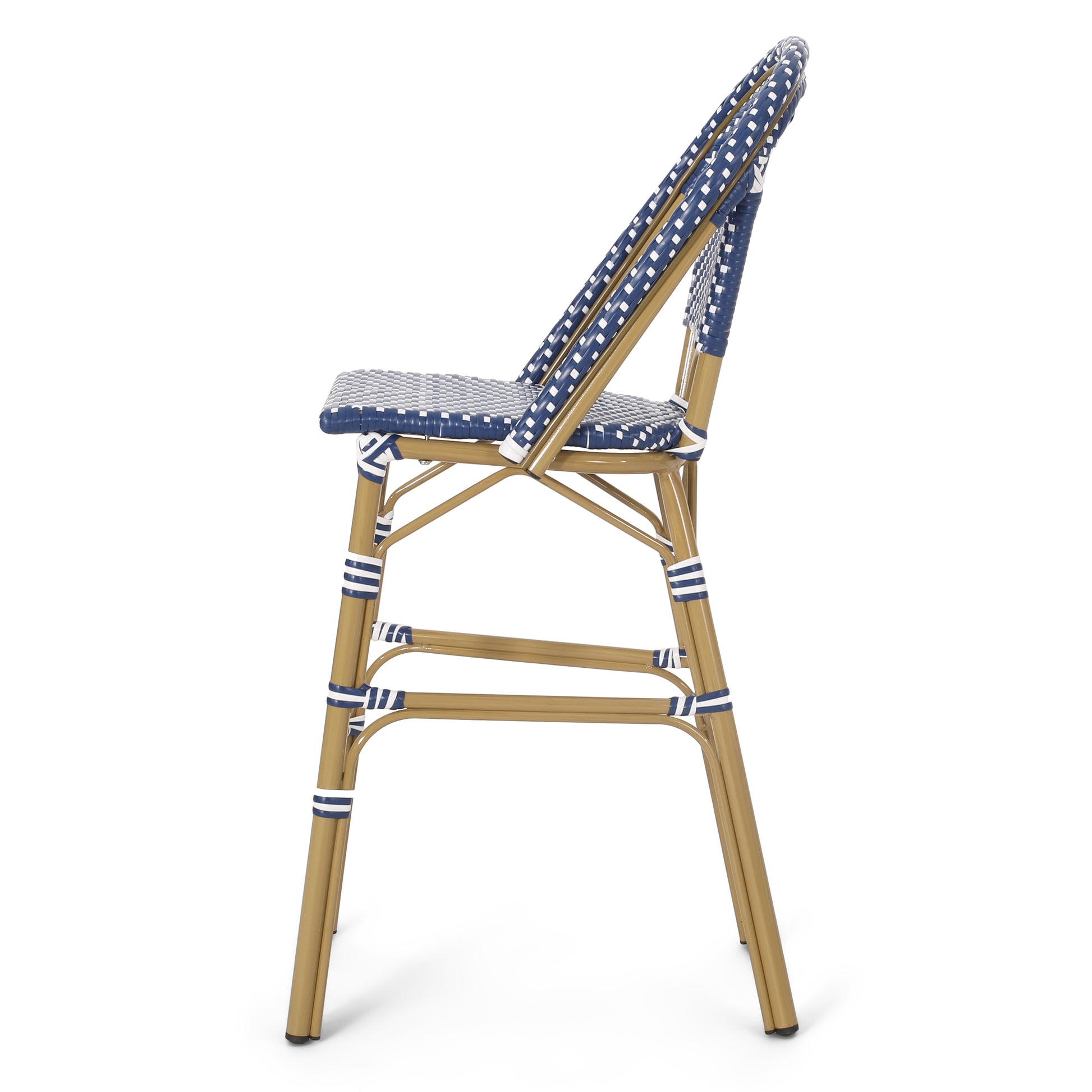 Blue and white bistro bar stool with woven seat and back