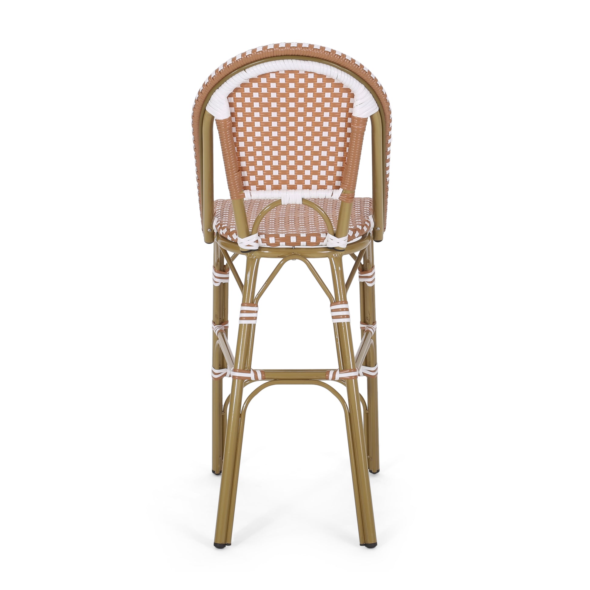Brown and white rattan bar stool with curved back and gold legs