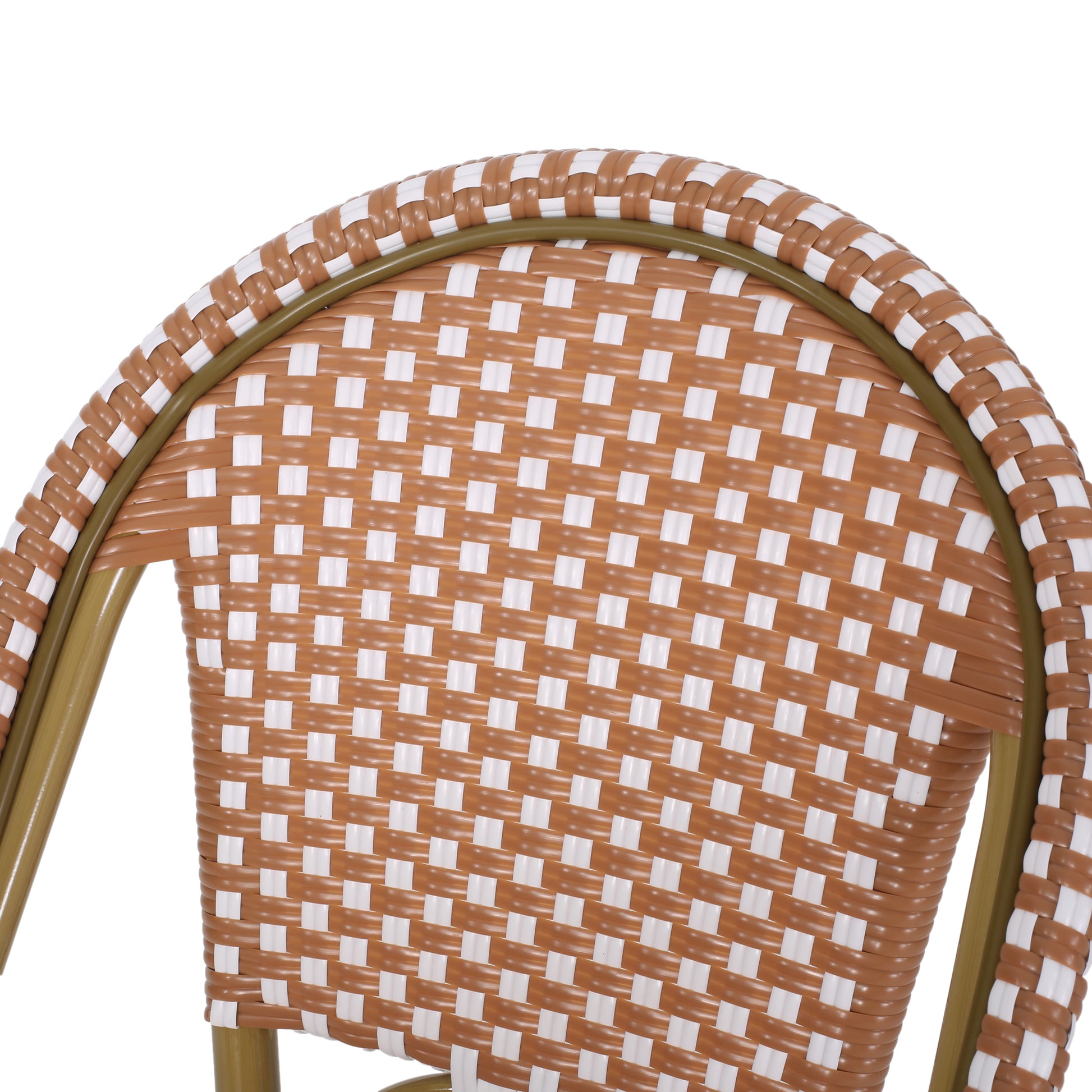 Wicker bistro chair back brown and white woven resin with bronze frame for outdoor seating