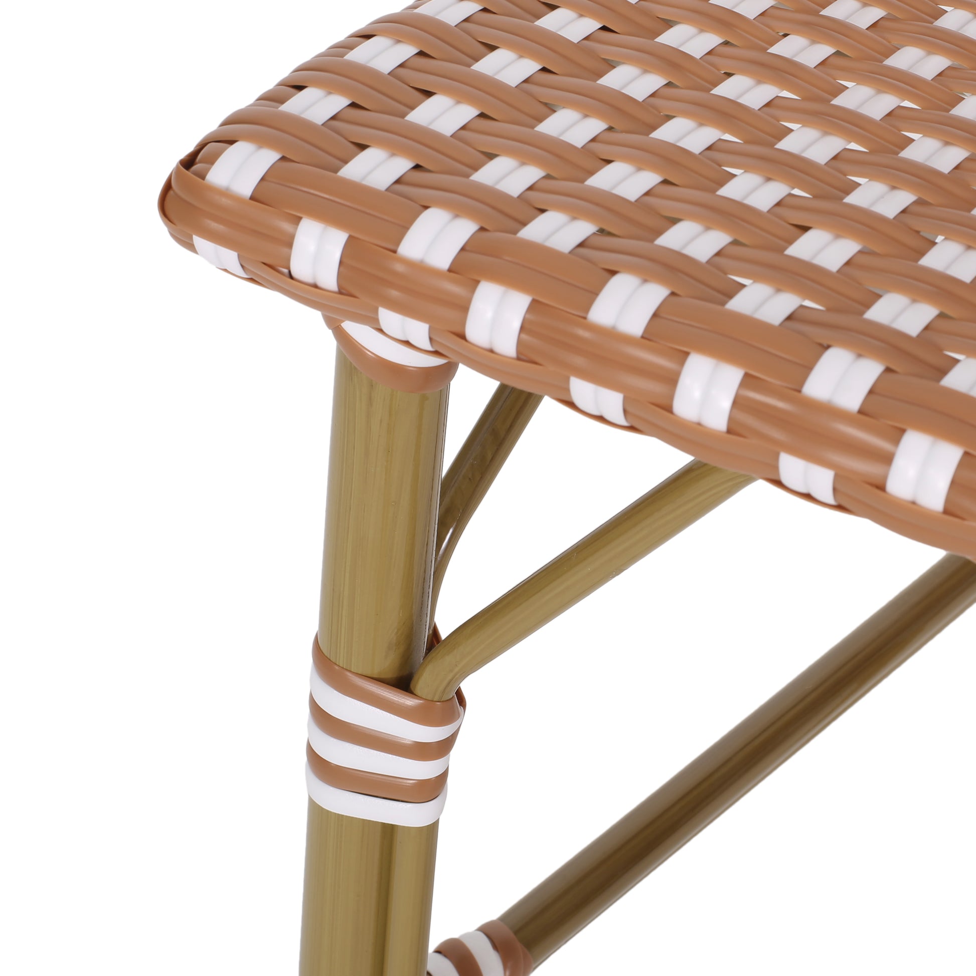 Brown and white woven bistro stool seat detail with bamboolook legs