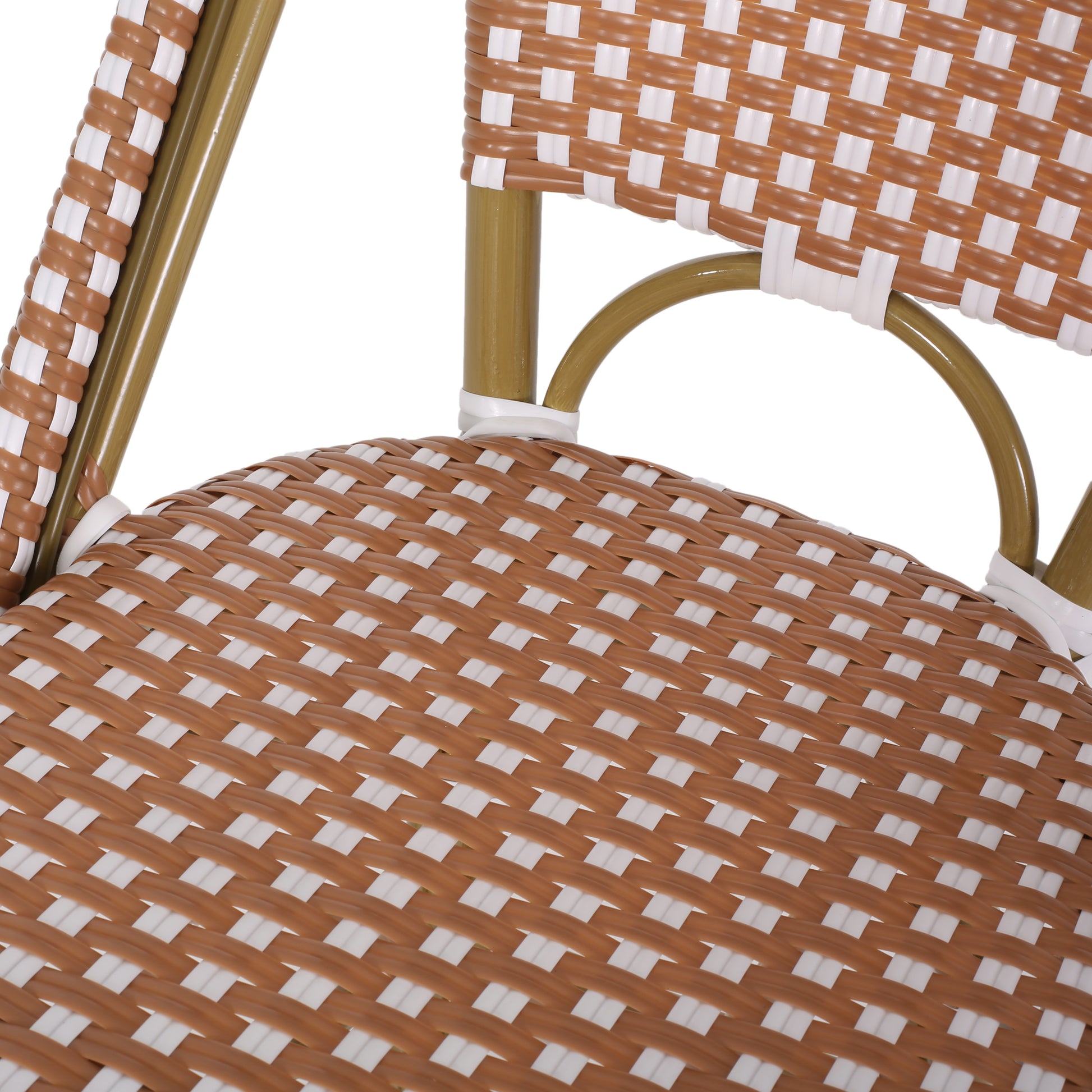 Brown and white woven resin bistro chair seat detail perfect for patio furniture