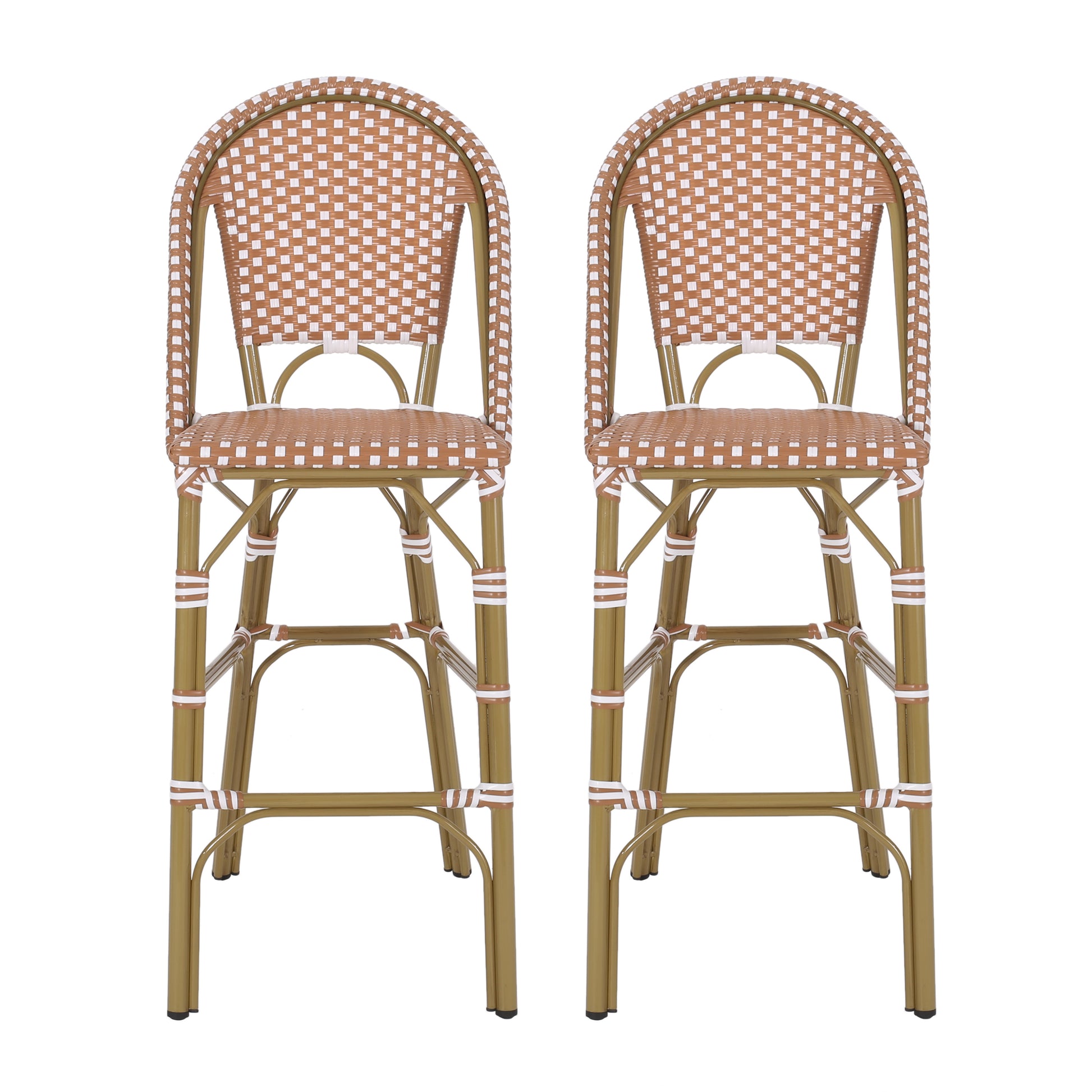 Two brown and white wicker bistro bar stools with gold metal frames perfect for cafes