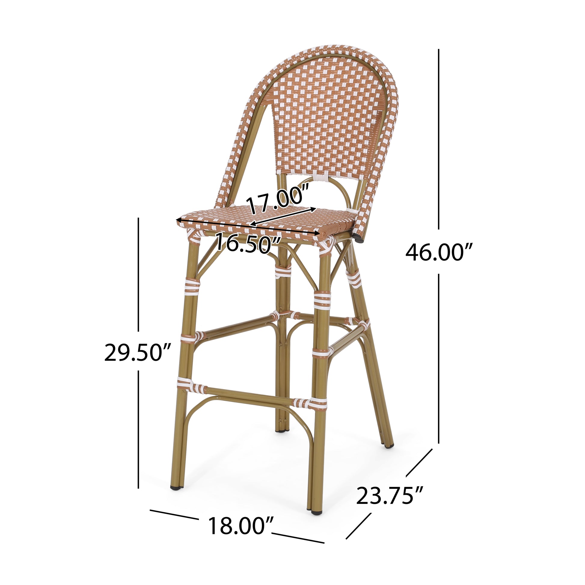 Brown and white wicker bar stool with gold metal frame cafe style seating