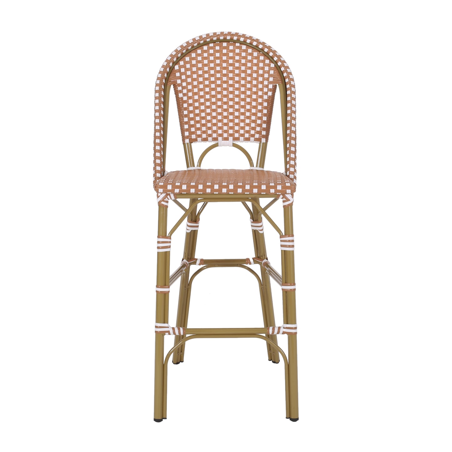 Brown and white rattan bar stool with gold metal frame