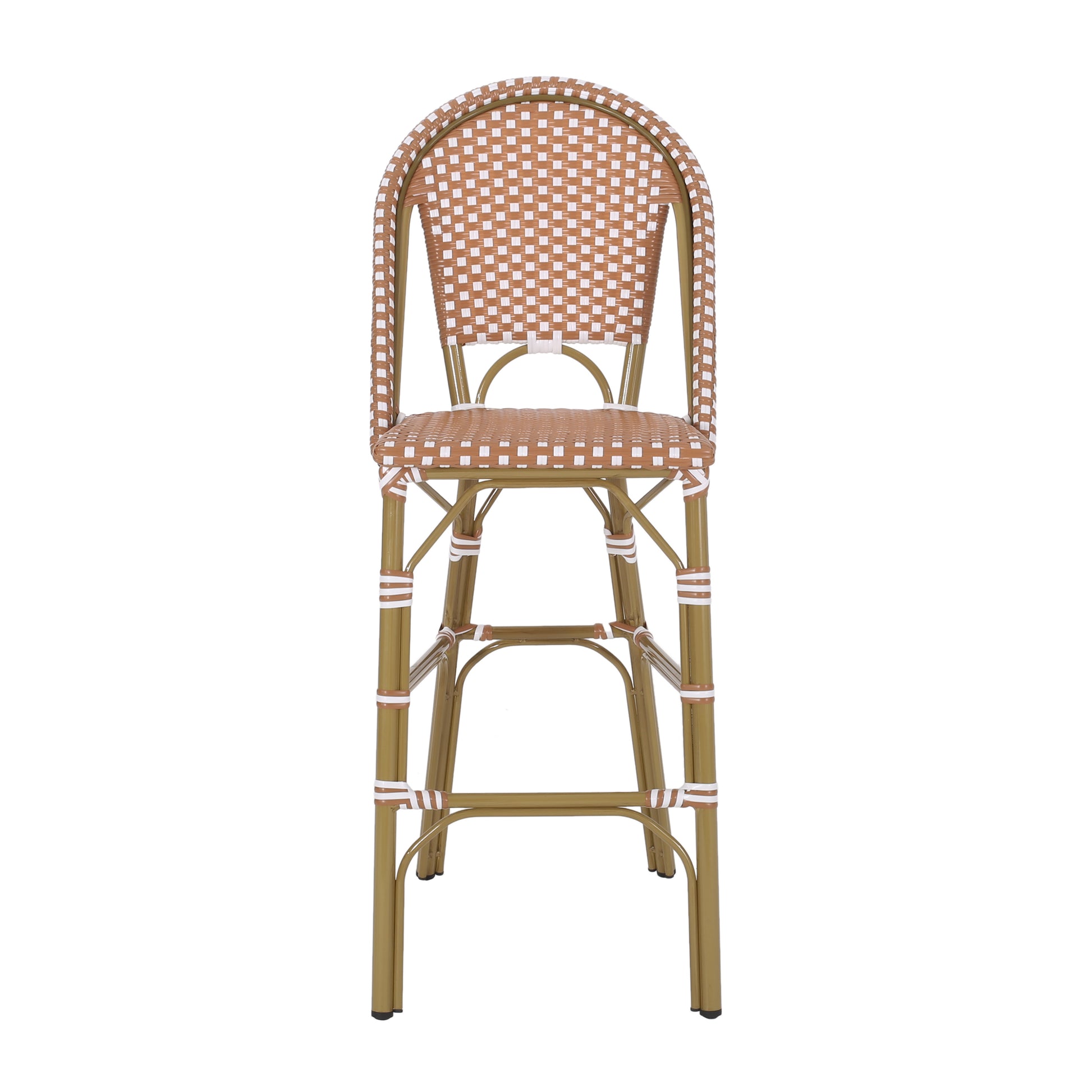 Brown and white rattan bar stool with gold metal frame