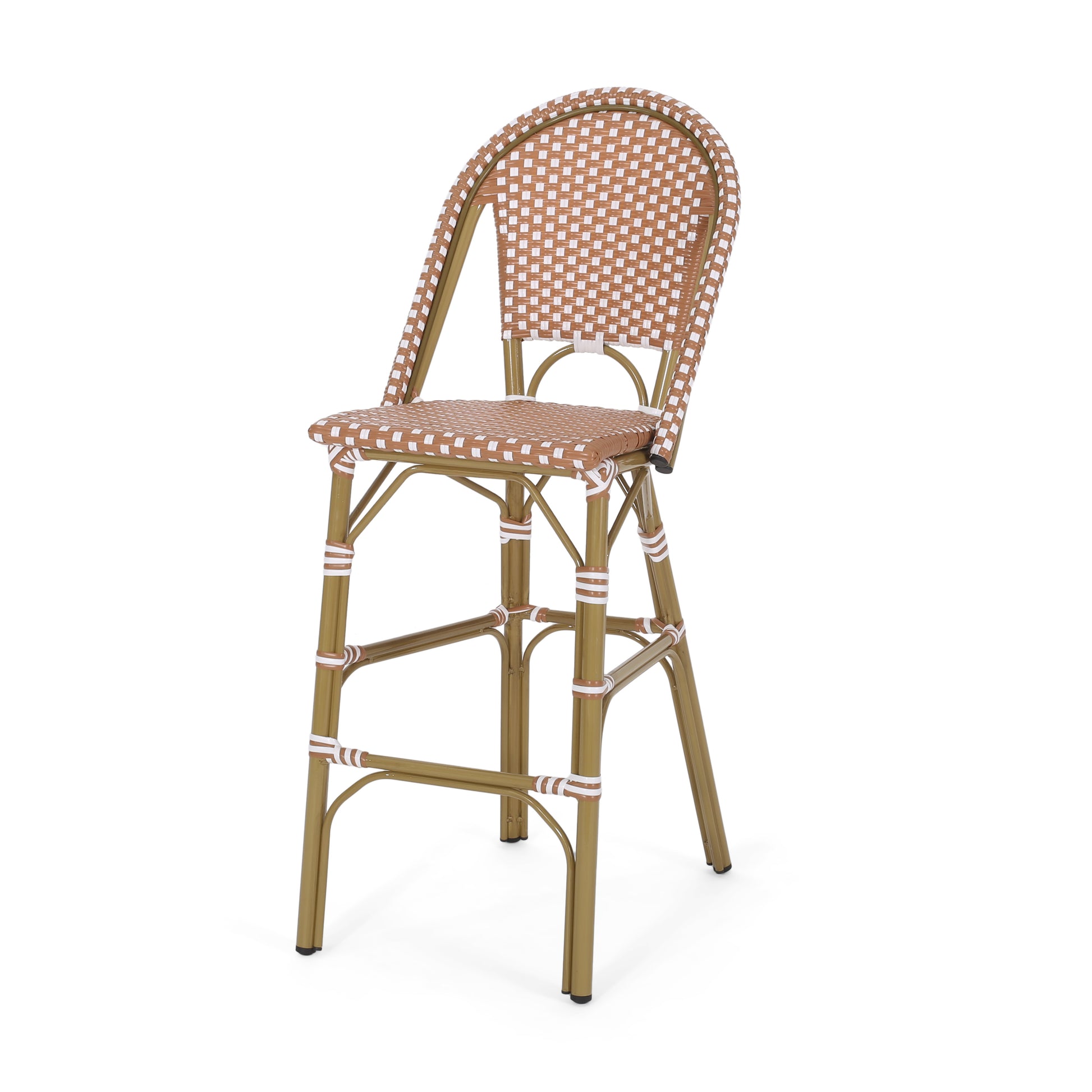 Brown and white woven bar stool with bronze frame and white accents