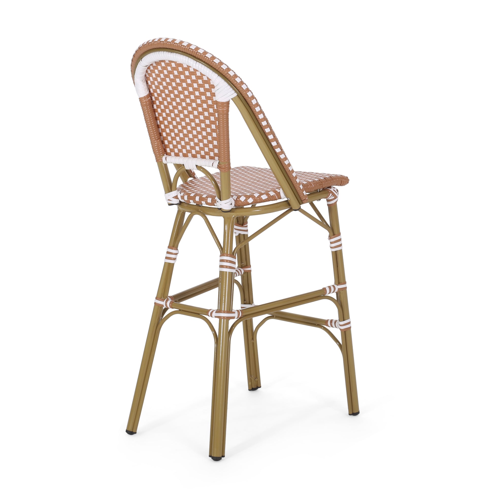 Brown and white woven rattan bar stool with a gold frame