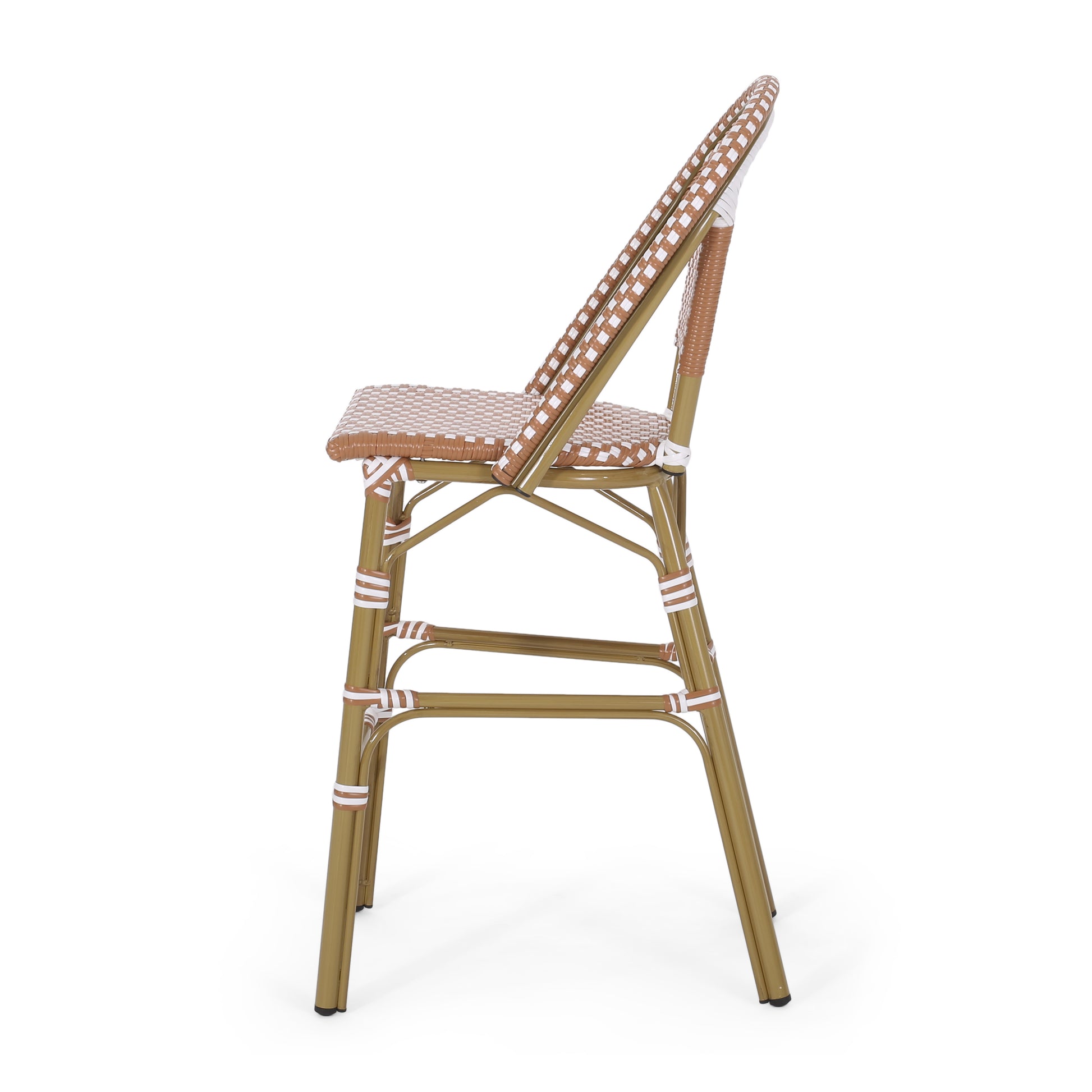 Side view of a bronze metal bistro chair with woven brown and white seat and back