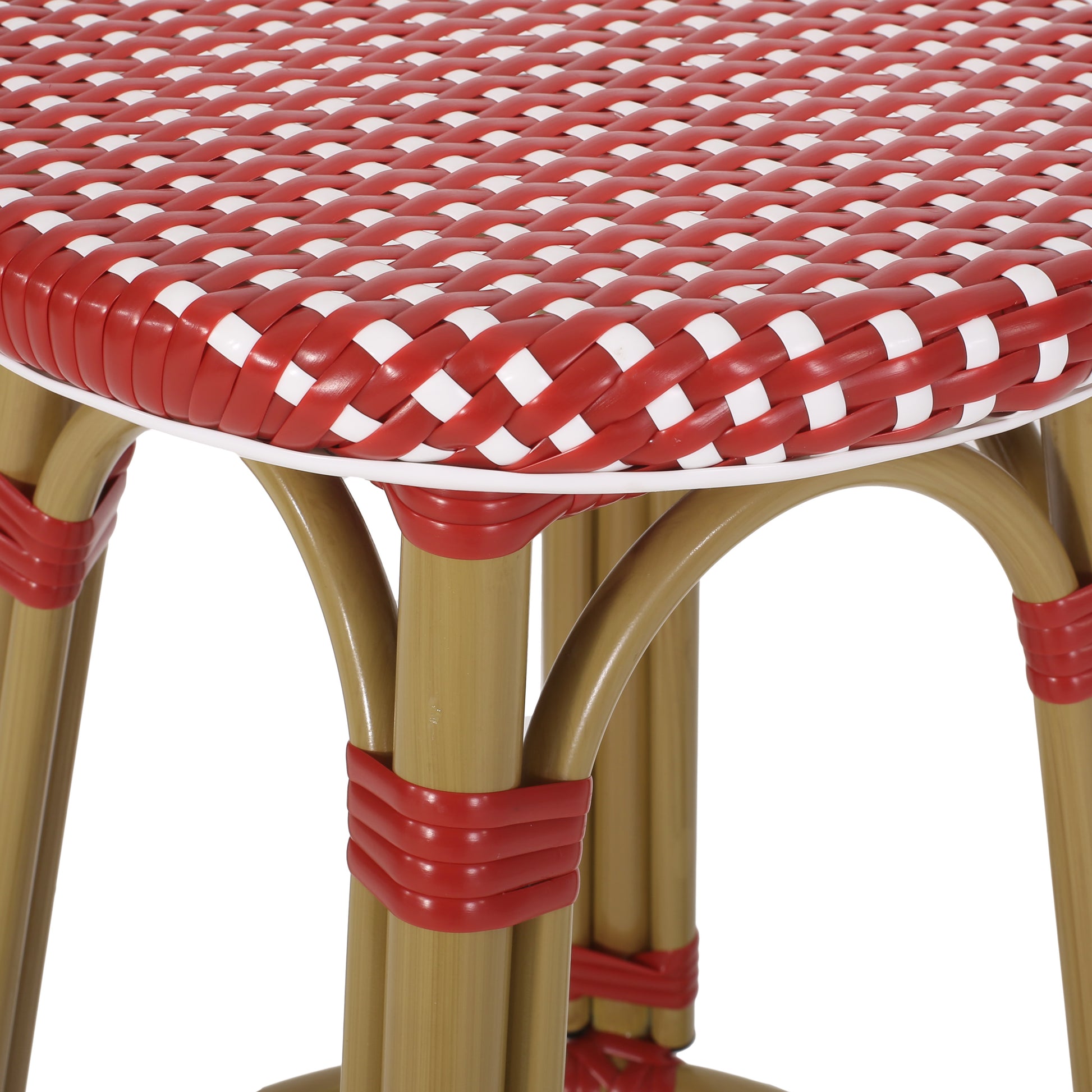 Red and white woven bistro stool seat with tan legs wrapped in red