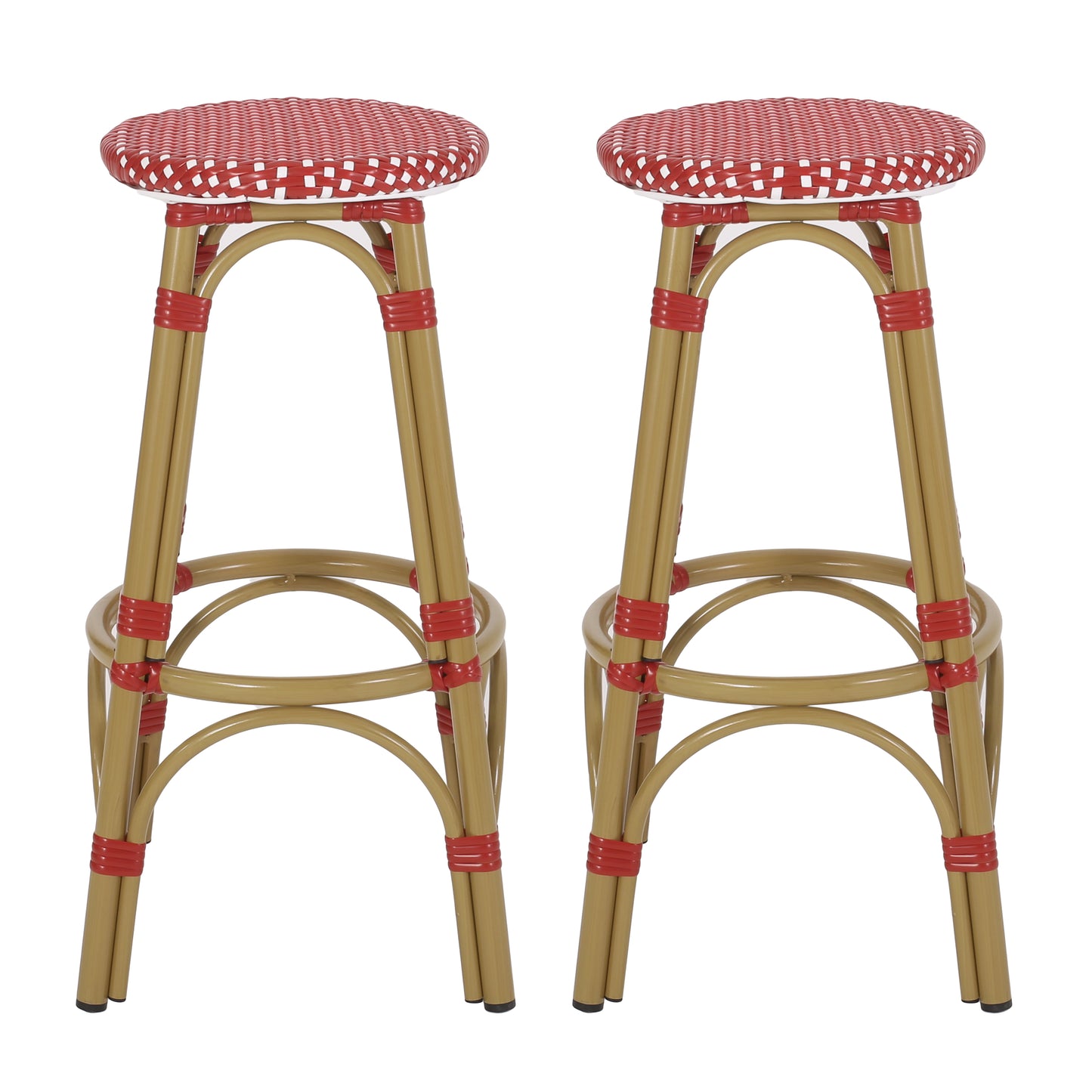 Pair of red and white woven bistro bar stools with gold metal frames