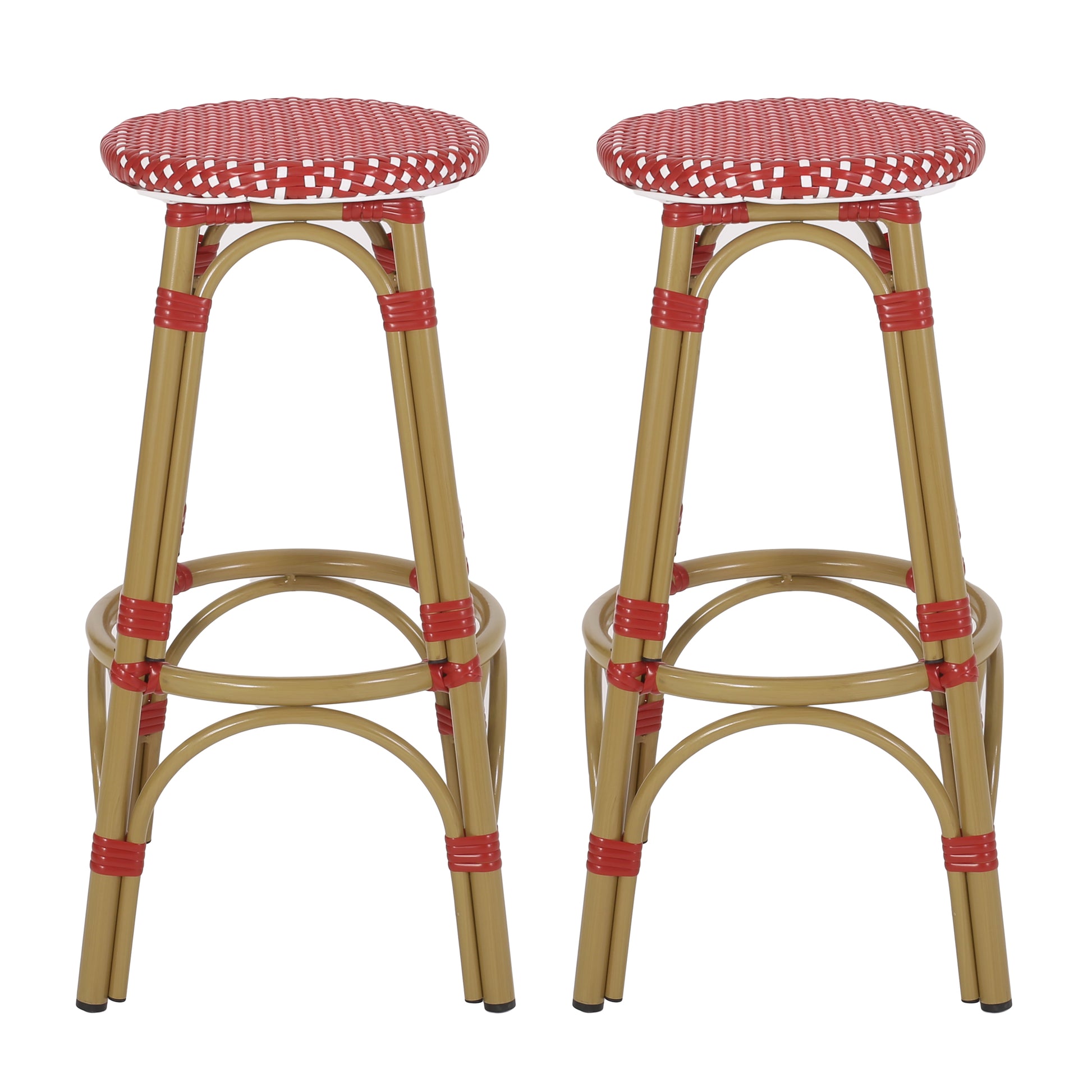 Pair of red and white woven bistro bar stools with gold metal frames