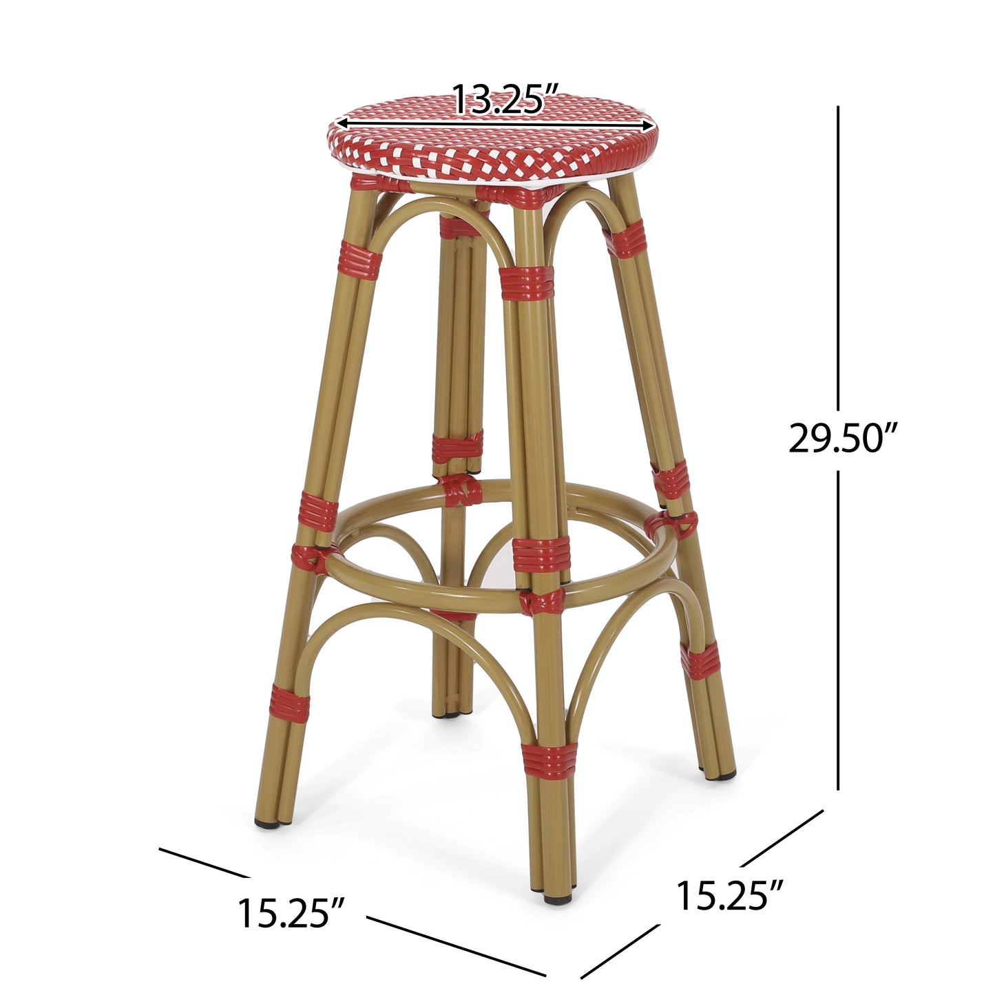 French bistro bar stool with red and white checkered seat and gold legs
