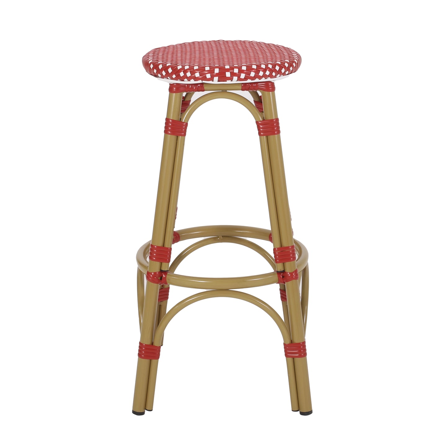 Red and white woven seat bistro stool with bamboostyle legs and red accents