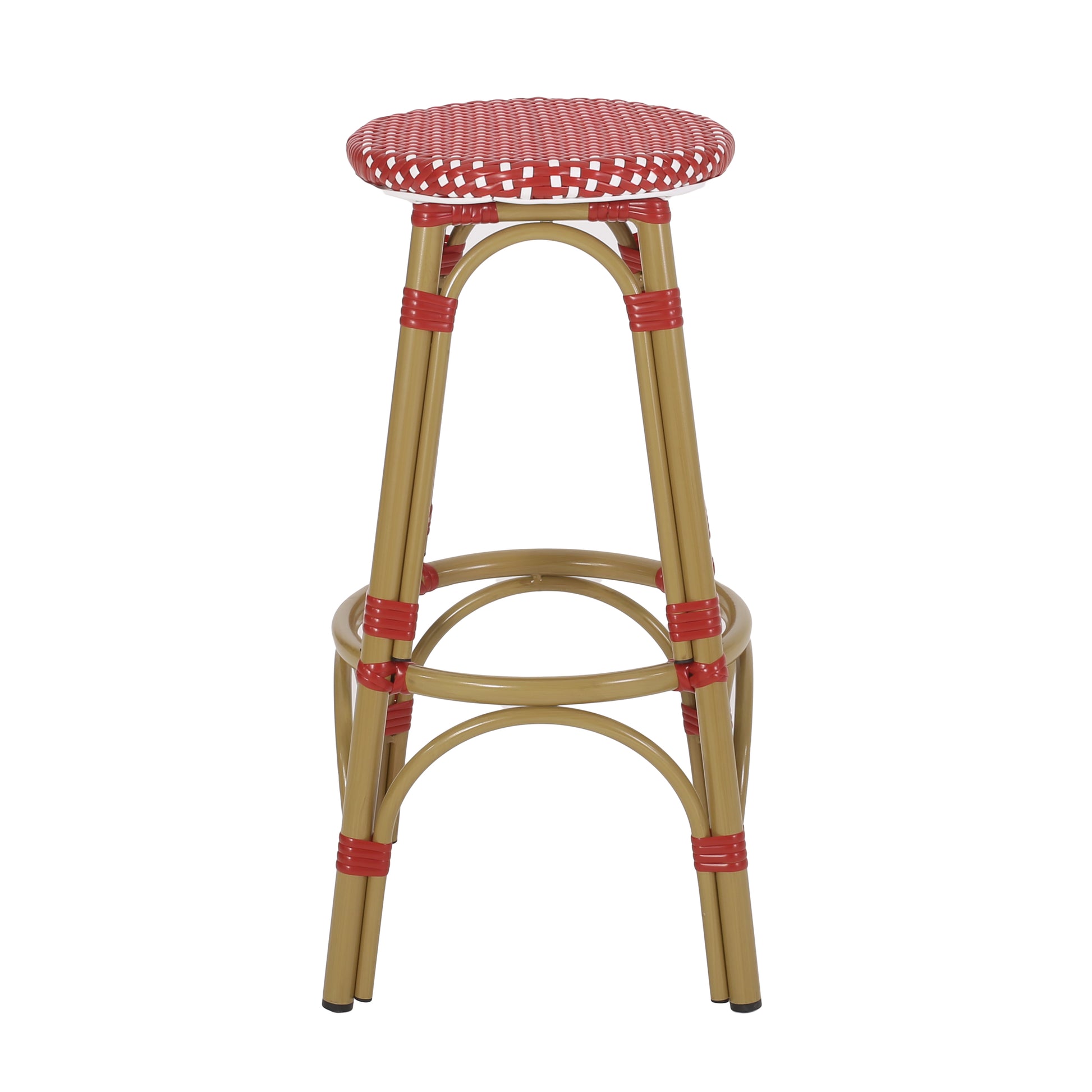 Red and white woven seat bistro stool with bamboostyle legs and red accents