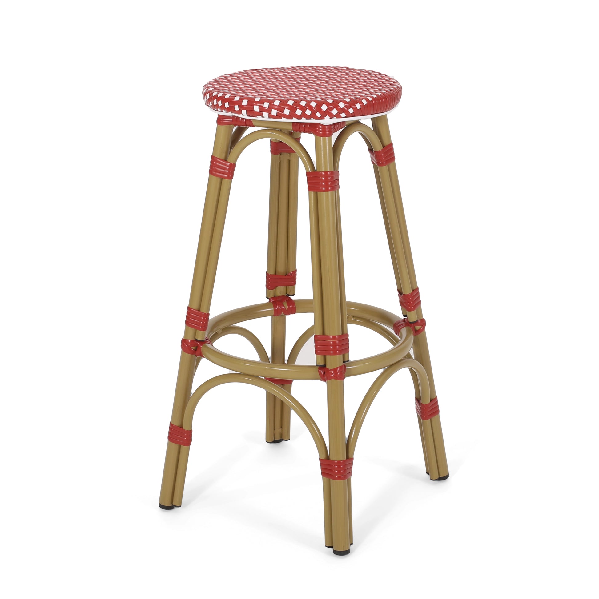 French bistro bar stool with red and white woven seat and gold legs