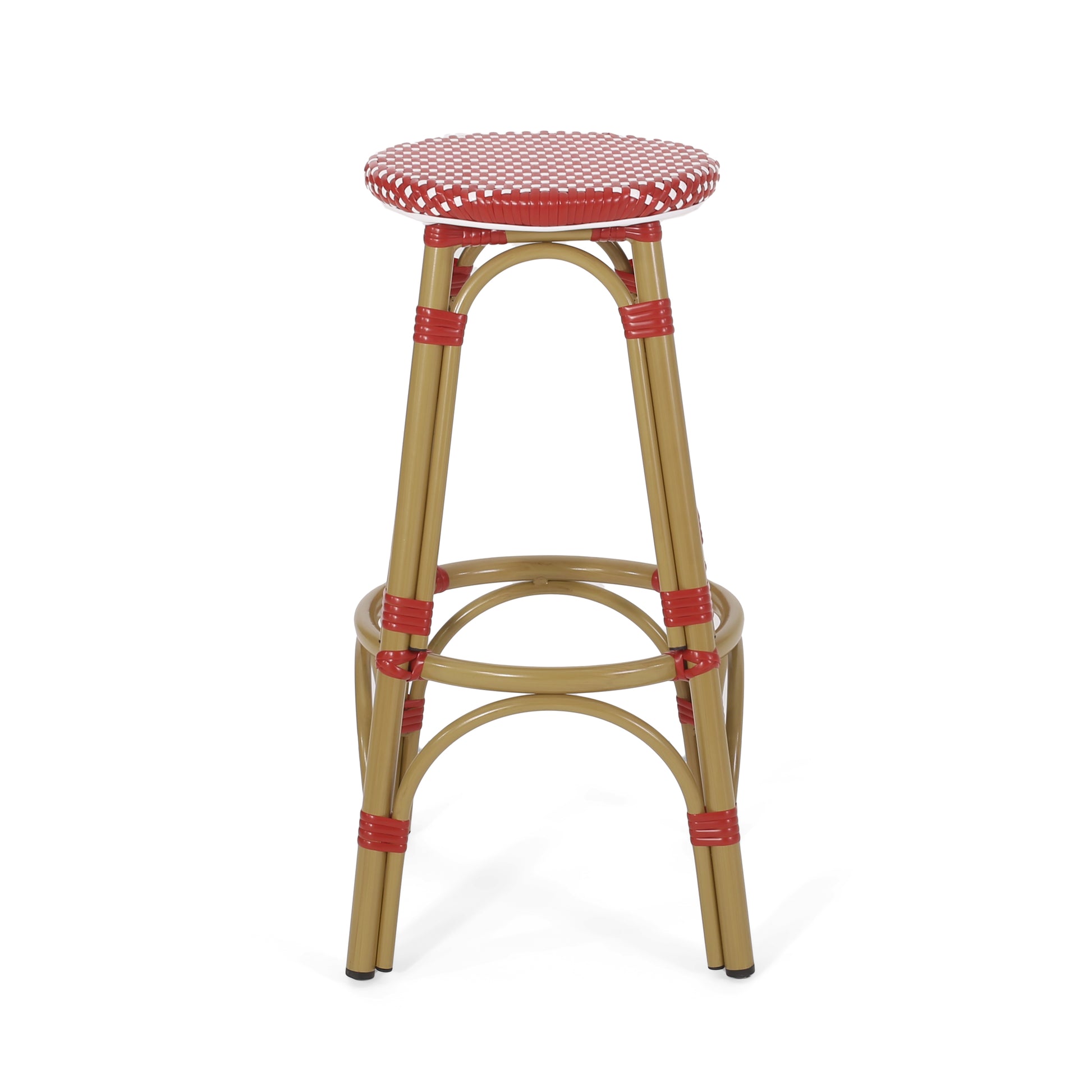 Red and white checkered bistro stool with rattan legs for cafe seating