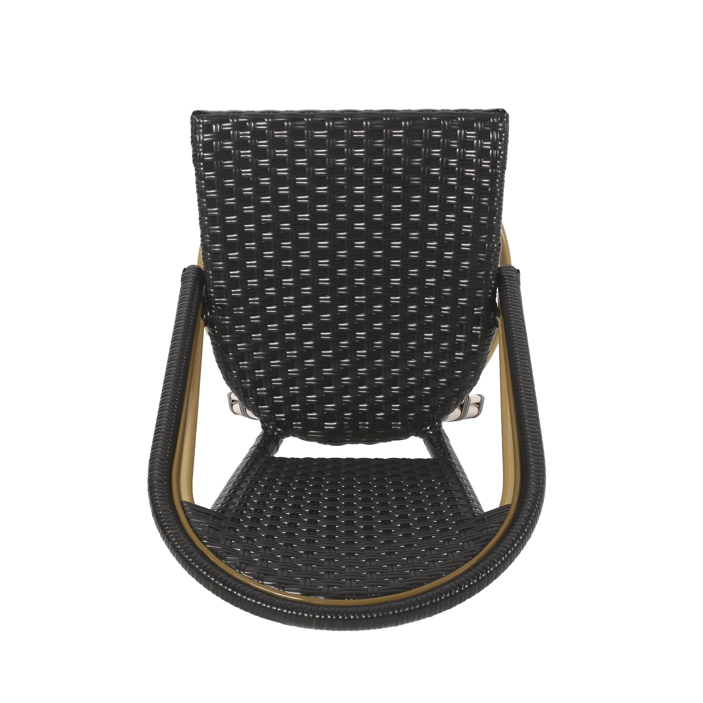 Black rattan outdoor chair with curved armrests and woven seat
