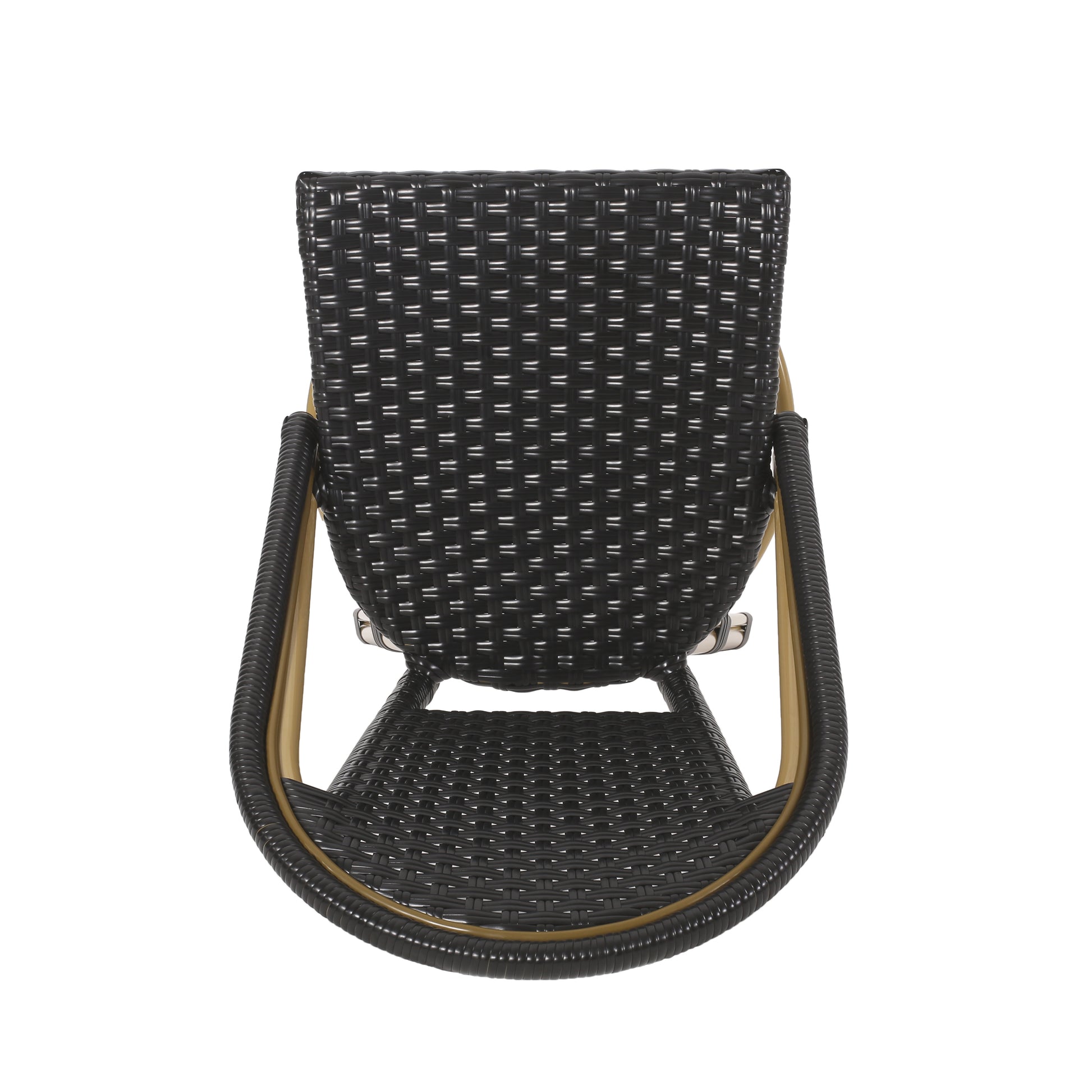 Black rattan outdoor chair with curved armrests and woven seat