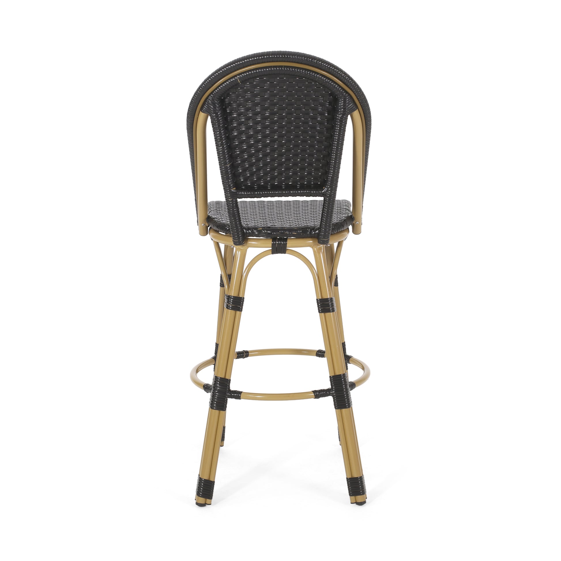 Black rattan bar stool with golden frame and black accents