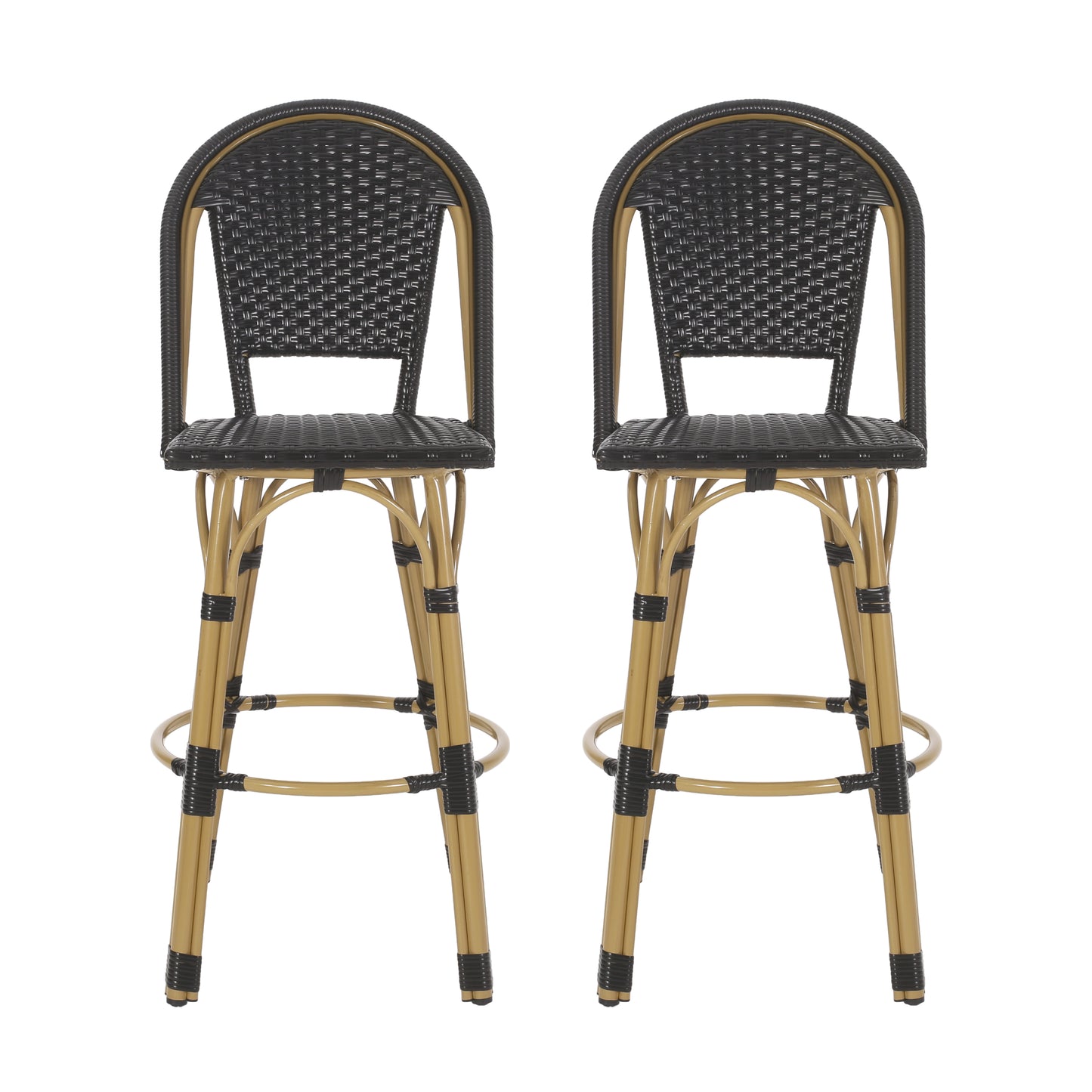 Two black rattan bar stools with gold metal frames ideal for modern kitchens