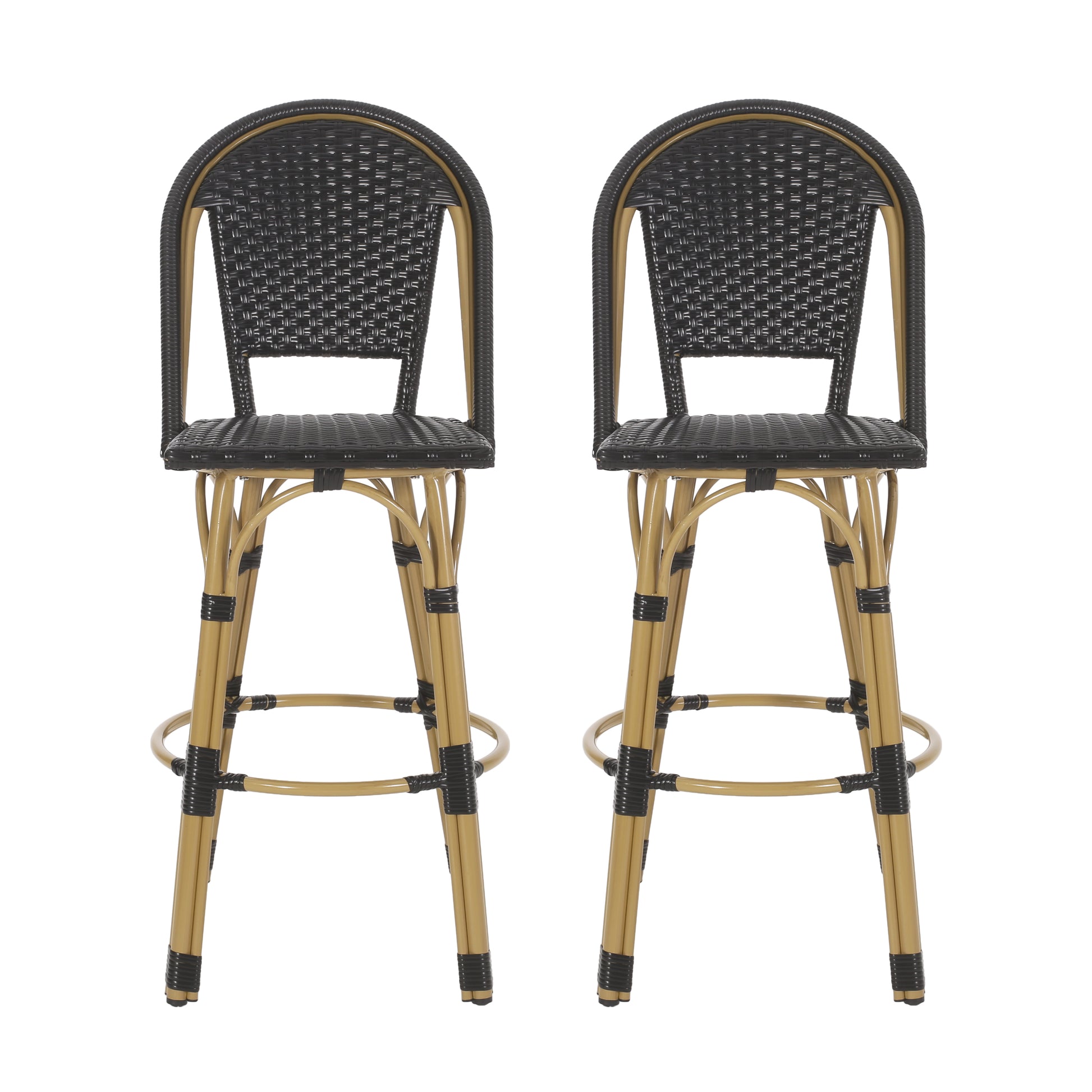Two black rattan bar stools with gold metal frames ideal for modern kitchens