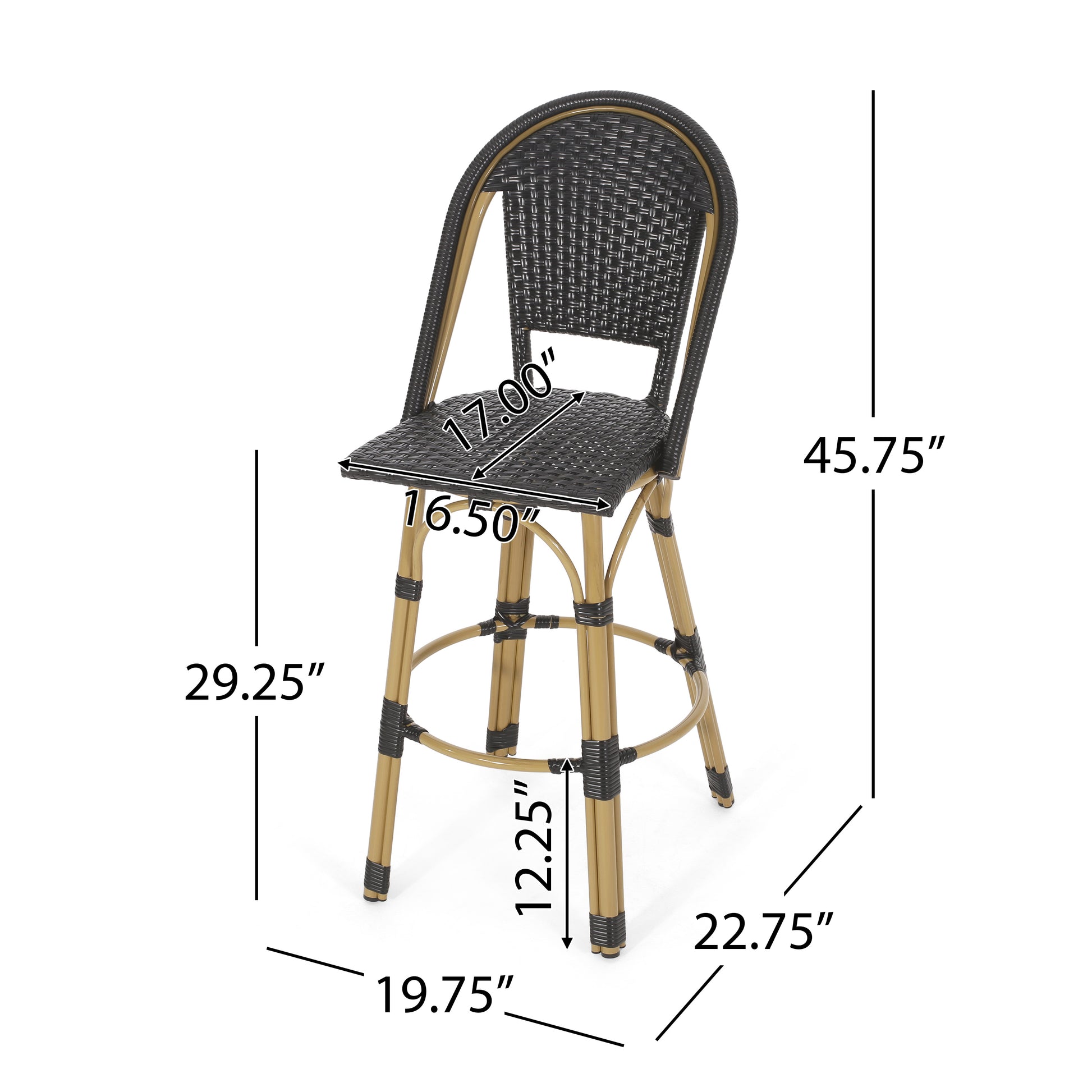Black wicker bar stool with gold metal frame and curved back